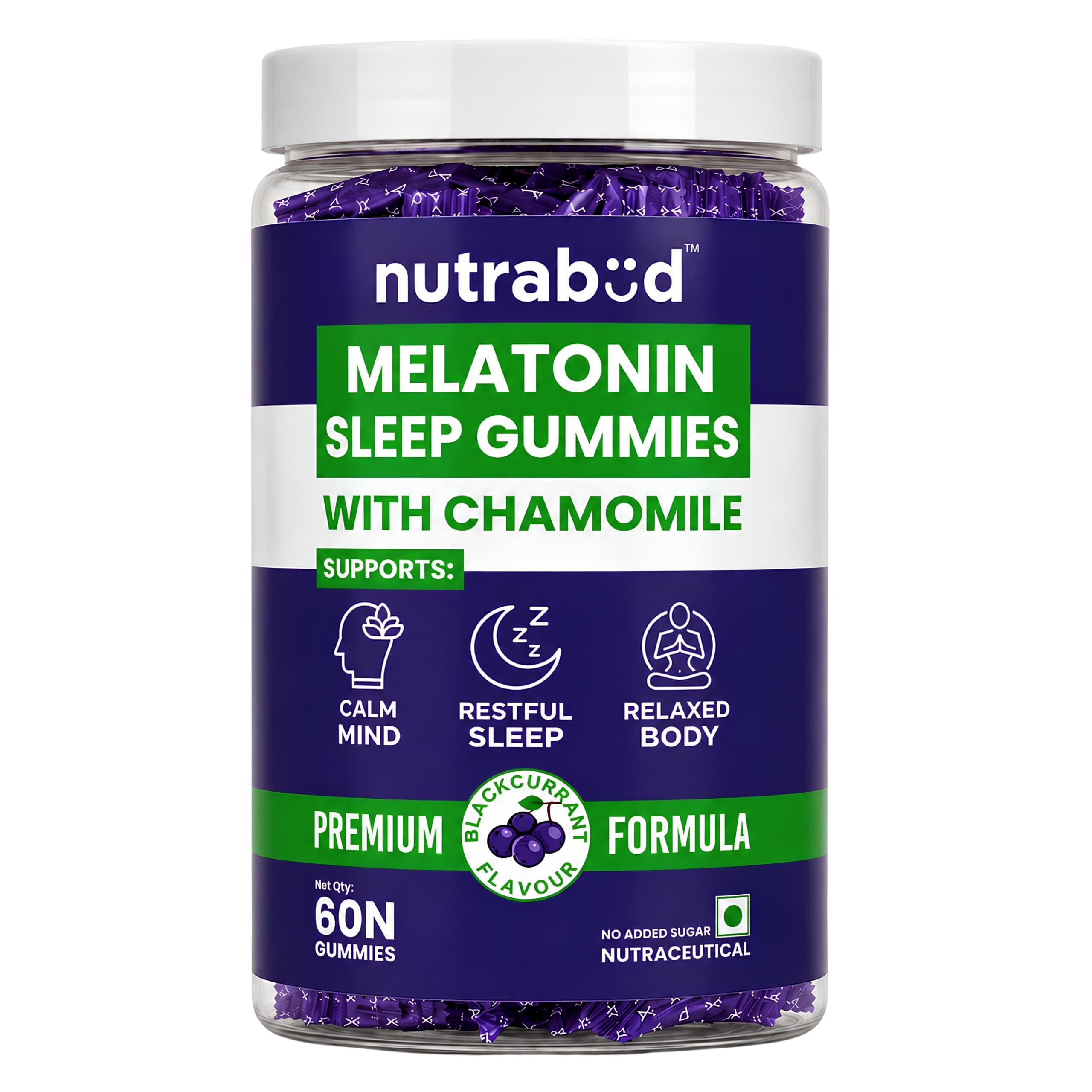 Nutrabud Melatonin Sleep Gummies 3mg For Men, Women | No Added Sugar | Fall Asleep Fast & Restful Deep Sleep | Blackcurrant Flavor Veg Gummy Supplement (60 Count (Pack of 1))