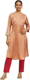 W for Woman Women's Polyester Striped Regular Kurta