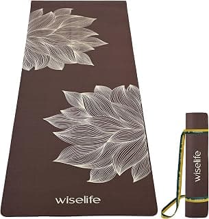 Wiselife tpe Printed 6MM Yoga Mat + Yoga Strap For Men, Women, Kids|Anti-Slip Extra thick, long & Wide Exercise Sports Mat For Workout, Fitness, Yoga, Gym, Home & Pilates (Lotus-Brown)