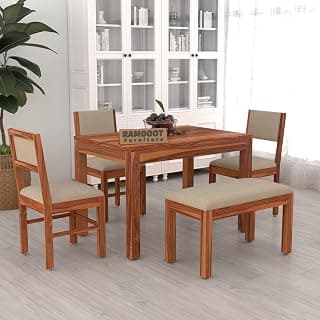 Solid Sheesham Wood 4 Seater Dining Table Set | 45 Inch Length Four Seater Dinner Table with 3 Cushions Chairs & 1 Bench | Dinning Table Set 4 Seater for Living Room | Honey