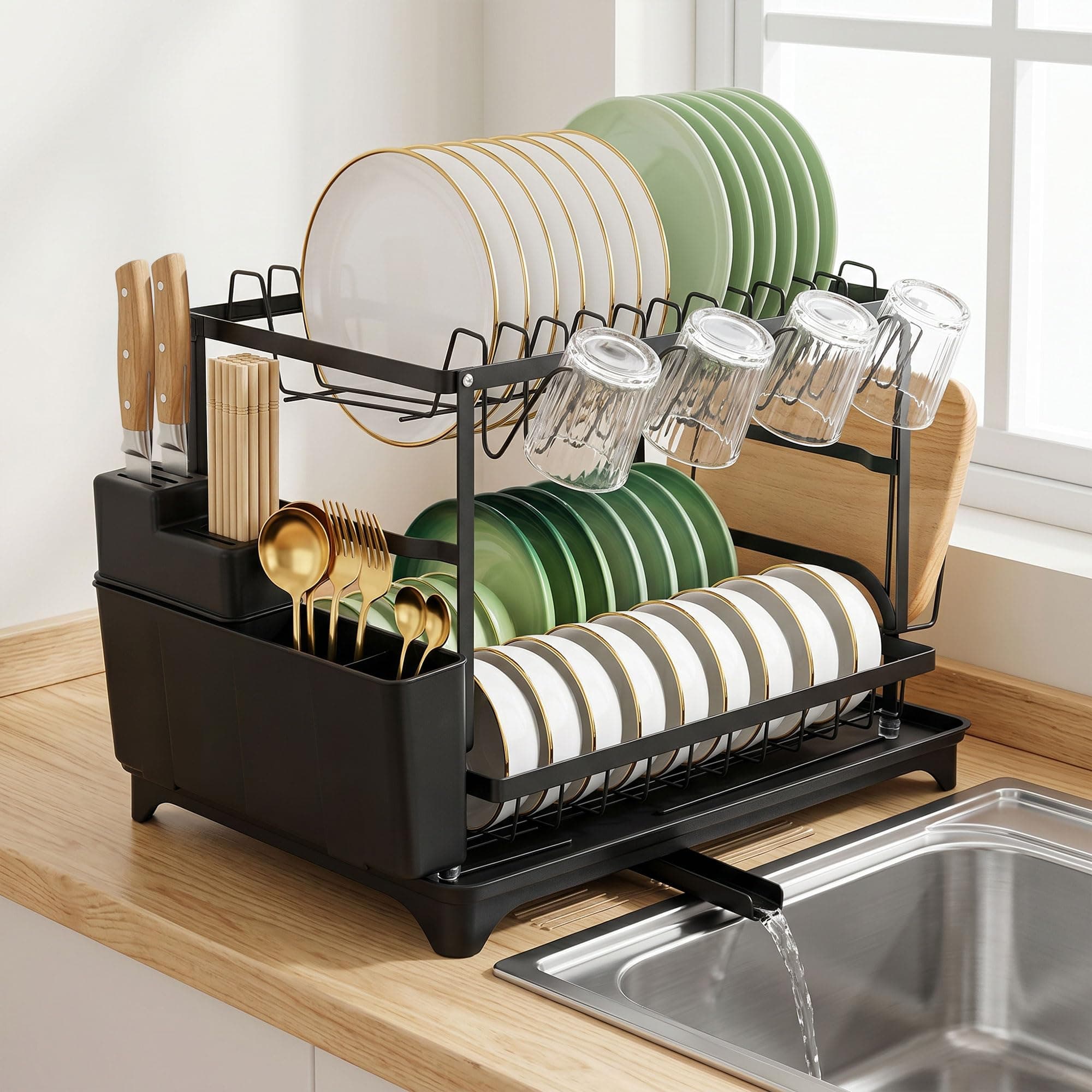 Story@Home Dish Drying Rack - 2 Tier Space-Saving Dish Rack | Multifunctional Dish Drainer for Kitchen Counter with Drainboard, Utensil, Cup Holder | Kitchen Accessories Items for Home - Carbon Steel