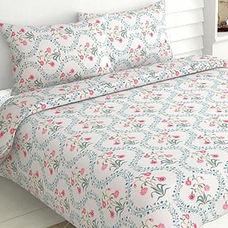 haus & kinder Double Bed Floral Bedsheet with 2 Pillow Covers| 90x100 Inches |186 TC Queen Size Cotton Bed Sheet Breathable | Soft | Pink Blossom