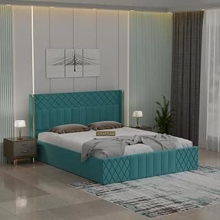 Modern Wooden Upholstered King Size Bed for Bedroom | Double Bed with Box Storage | Platform Cot with Premium Upholstery Fabric | Durable Engineered Wood Bed Frame | 6.5 x 6 Ft | Aqua Blue