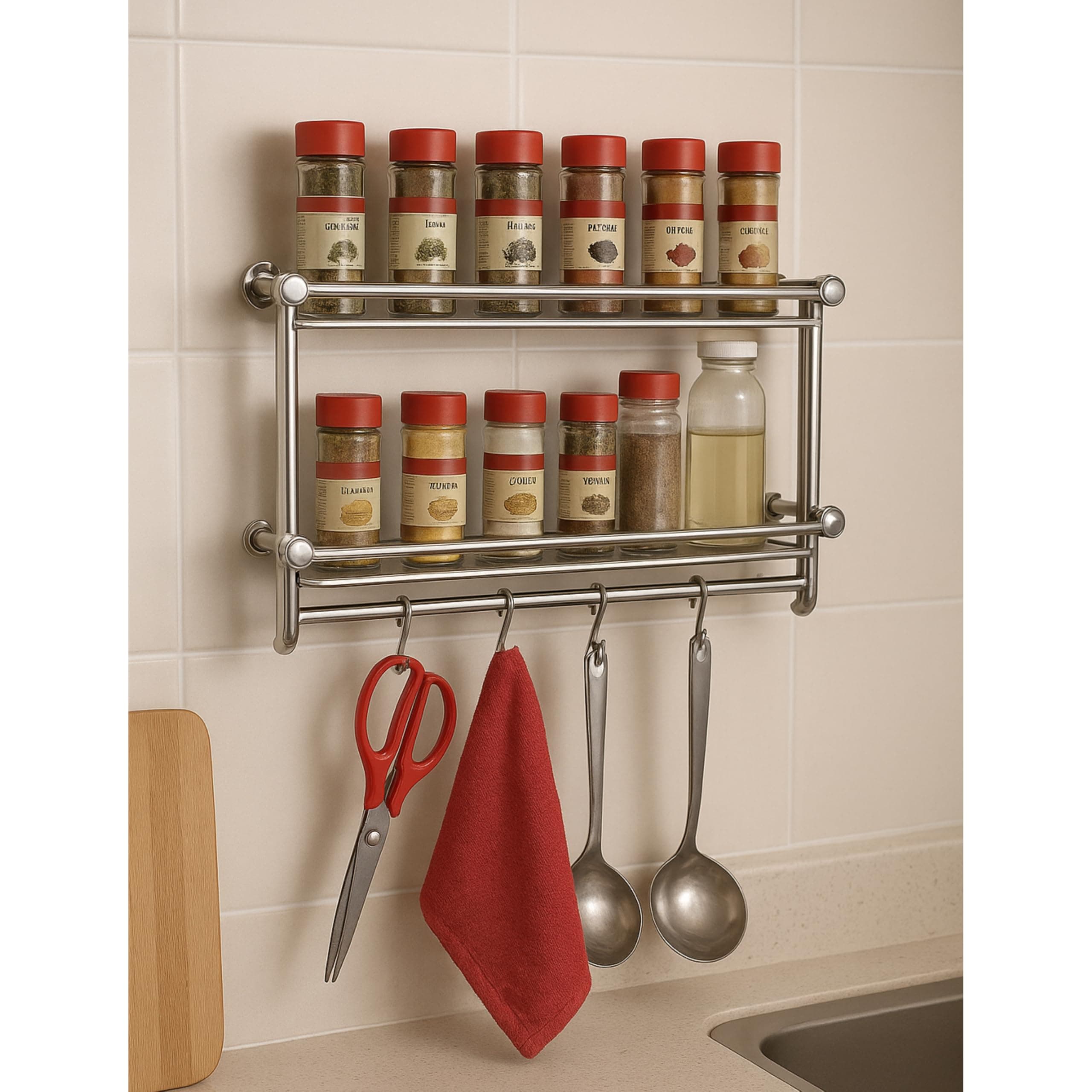 Livzing Stainless Steel 2 Tier Spice Rack for Kitchen Space Saving Wall Mount Storage Racks Cosmetics Organizer Kitchen Shelf Bathroom Organizer Stand Multipurpose Tiered Shelves with Hooks