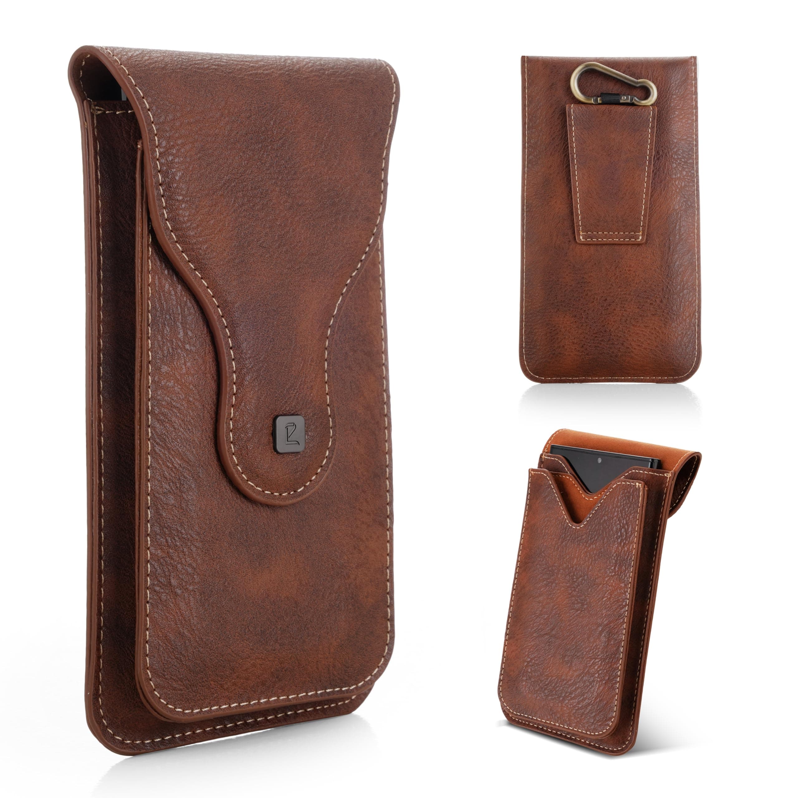 PULOKA Vintage Vegan Leather Phone Holster Pouch for Men | Magnetic Flap Belt Case with Metal Carabiner Hook | Waist Mobile Cover Fits Smartphones up to 6.0 Inch | Travel & Outdoor Carry Pouch – Brown