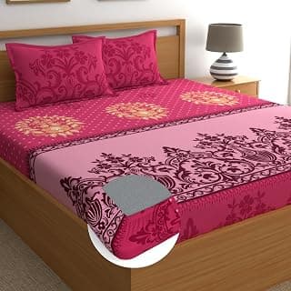Dreamscape 100% Cotton King Fitted Floral Bedsheet With 2 Pillow Covers - (Size 72 x 78 inches, 140 TC, Colour - Dark Pink)