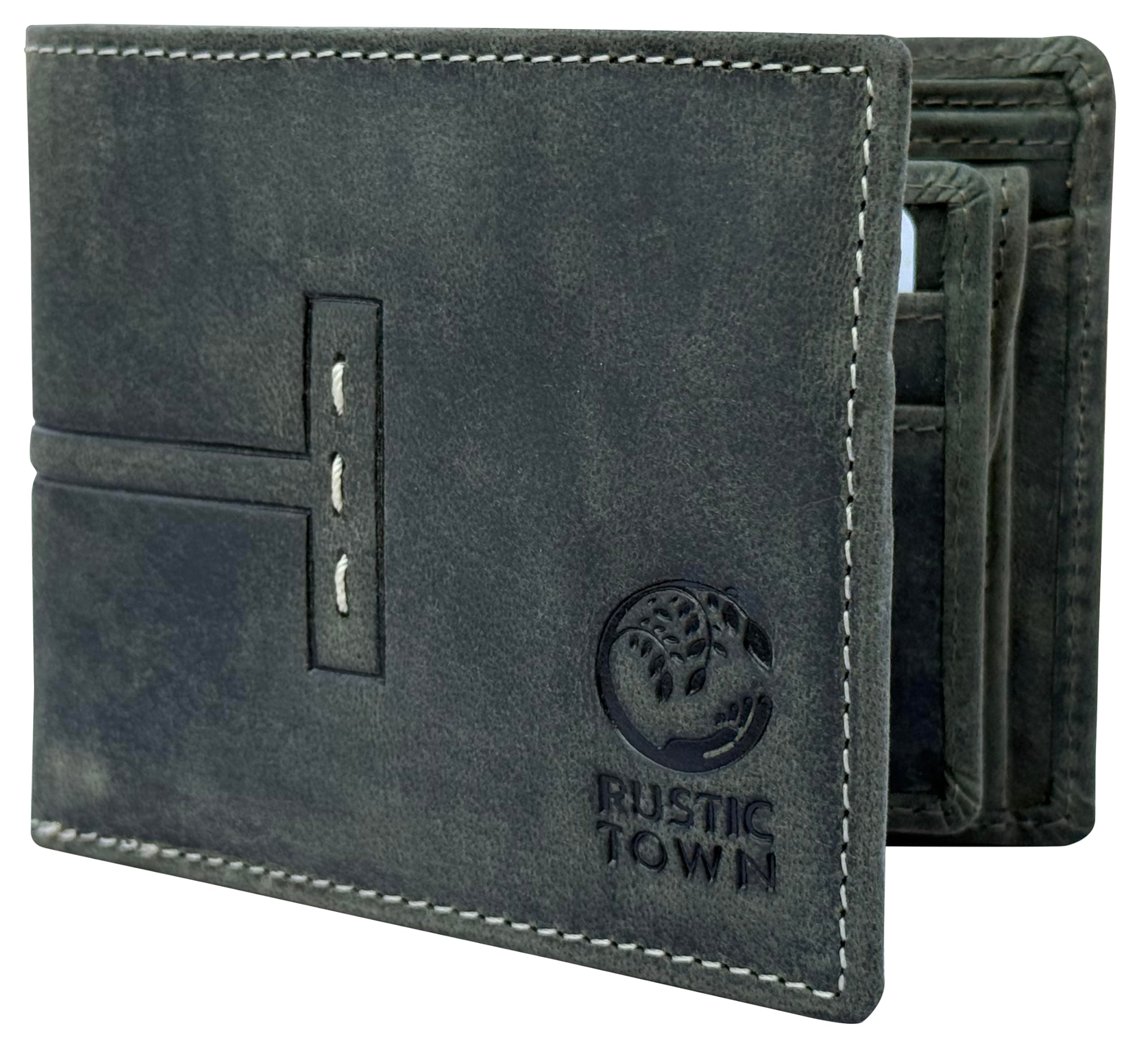 RUSTIC TOWN Leather Mens Wallets - Full Grain Leather RFID Wallet for Men with ID Window, Card Slots and Coin Pocket (Large, Vintage Green)
