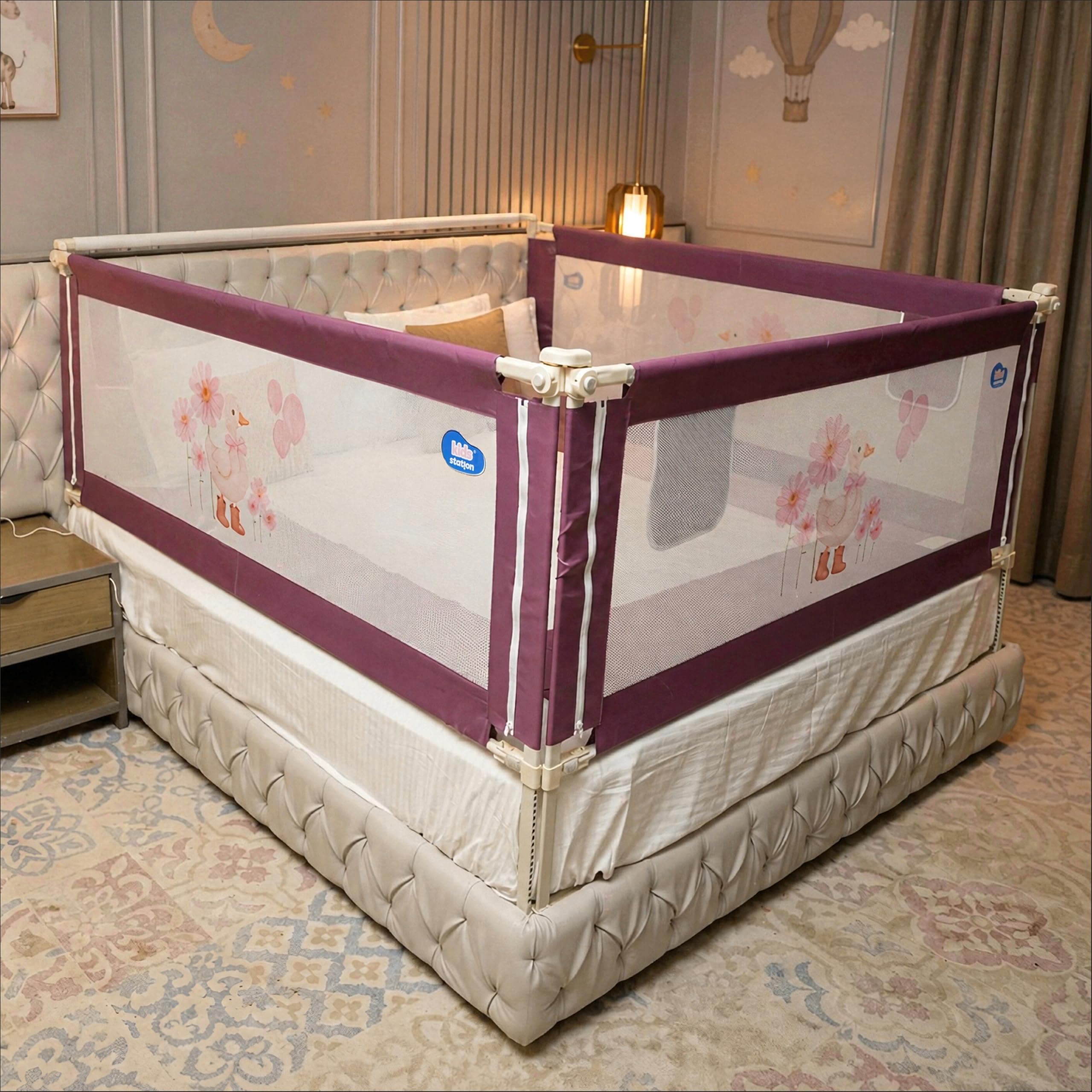 Kids Station 3 Side Premium Bed Rail Guard (6.6ftx6ftx6.6ft / 200cmx180cmx200cm), Bed Railing for Baby Safety, Kids Toddler Bed Protector Side Walls, Adjustable Height, Portable & Foldable (Maroon)