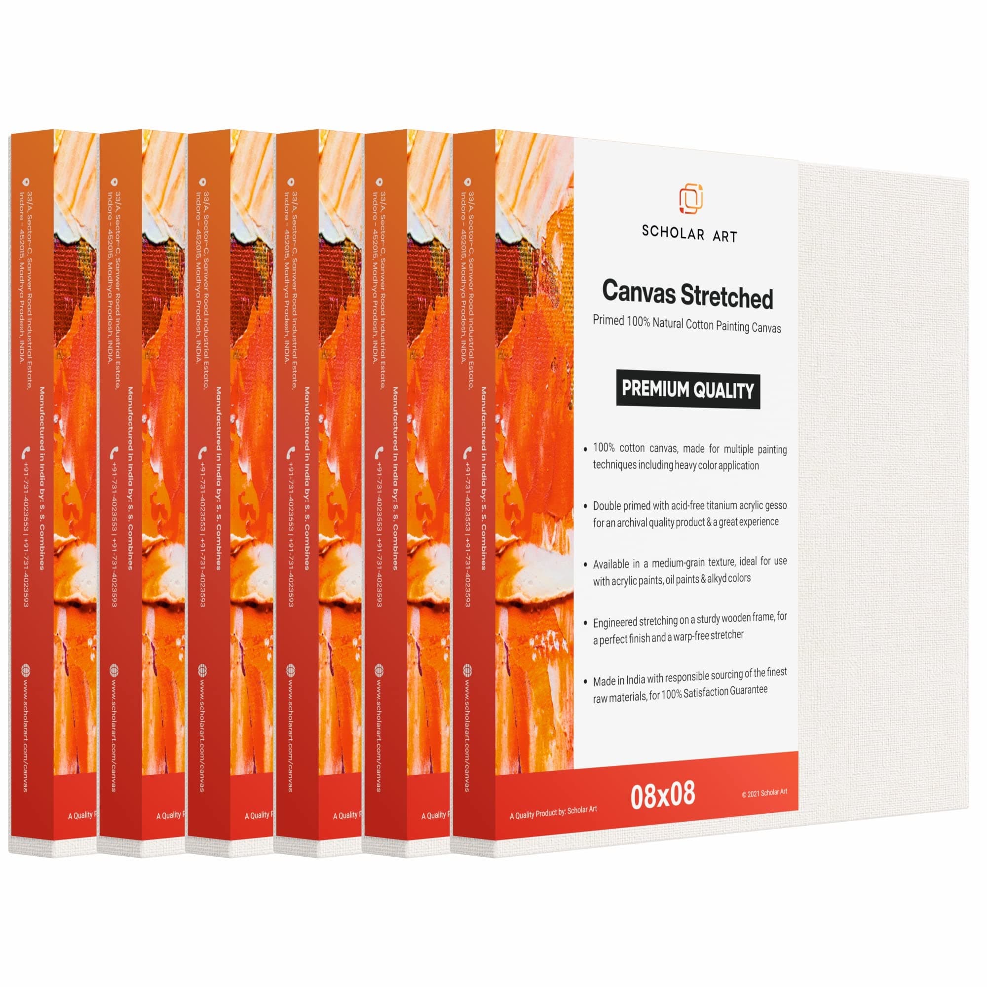 Scholar Art® Artist Standard Series 10 Oz (440 GSM) 100% Cotton Pre-Stretched Canvas with Wooden Frame 18x40 mm | Primed Canvas Stretched for Oil & Acrylic Painting | 08"x08" (20x20 cm), Pack of 6
