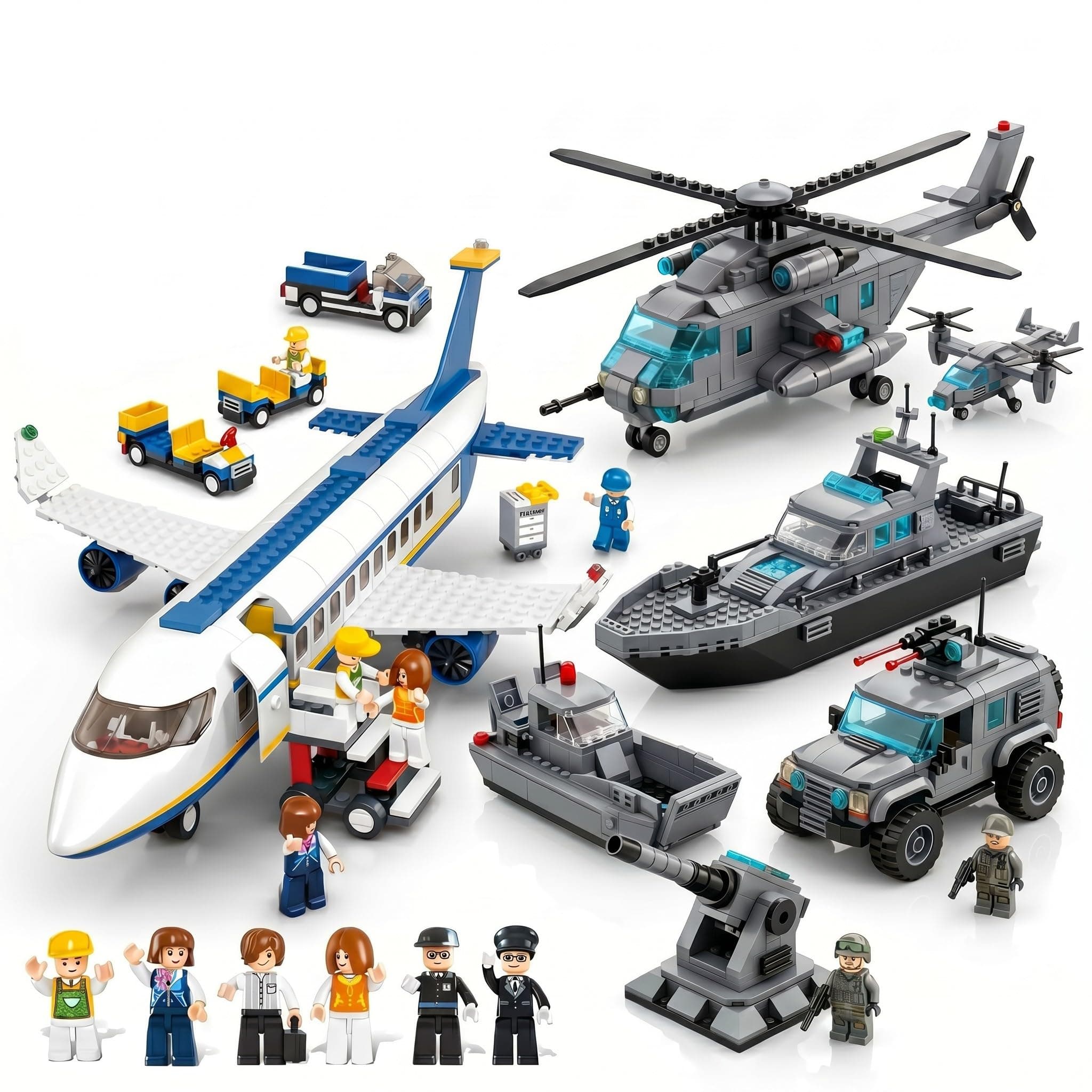 SKY LINE OCEAN Airport Adventure & Naval Forces Building Block Combo Set, 622+ PCS Passenger Airplane, Airport Playset & 6-in-1 Naval Forces Construction Kit, 5-Year Structural Warranty