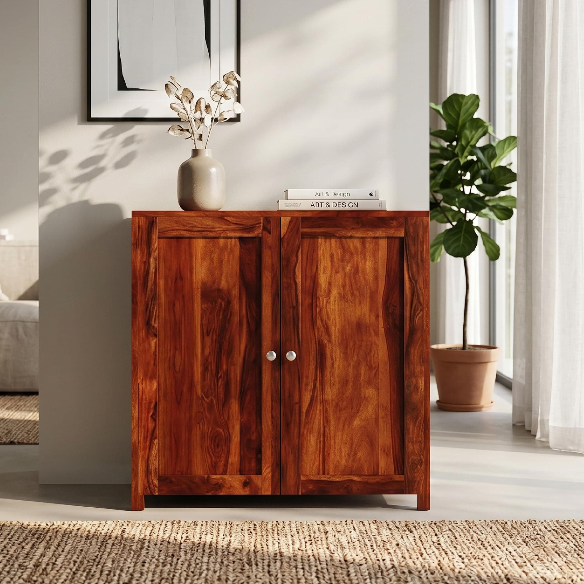 Amazon Brand - Solimo Bondiss Solid Sheesham Wood Shoe Storage Cabinet, Honey Finish, 2 Doors