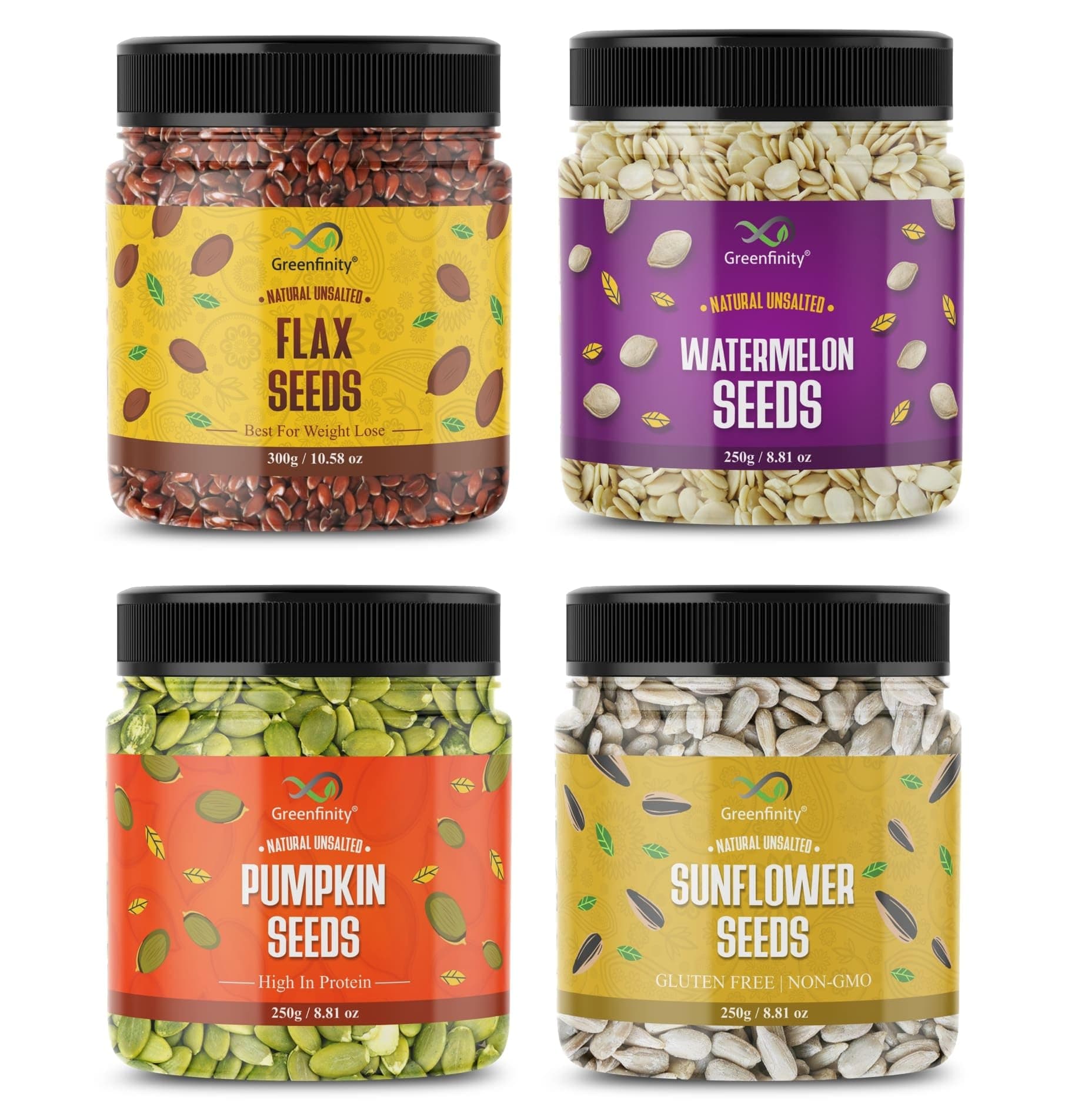 GreenFinity Natural Raw Seeds Combo Pack of Pumpkin, Sunflower, Flax, Watermelon 250g Each, 1kg Total