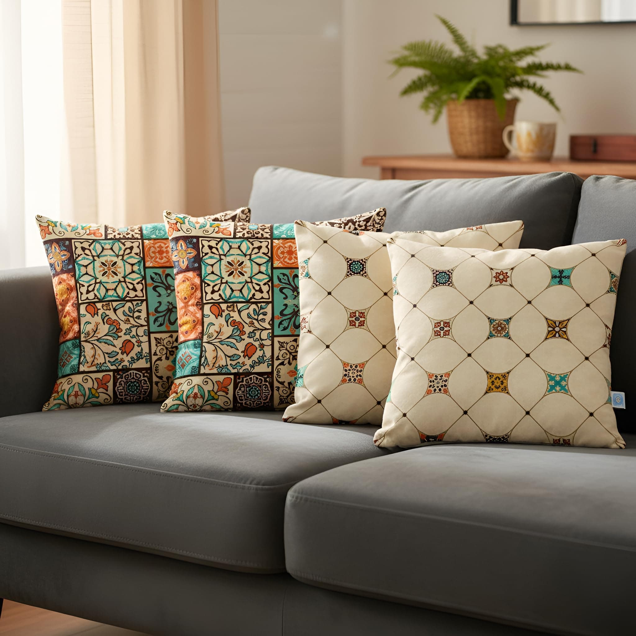 STITCHNEST Set of 4 Polycotton Cushion Covers – 18x18 Inches – Moroccan Tile Patchwork Print – Ethnic Decorative Cushion Covers for Sofa & Living Room | Perfect for Home Decor