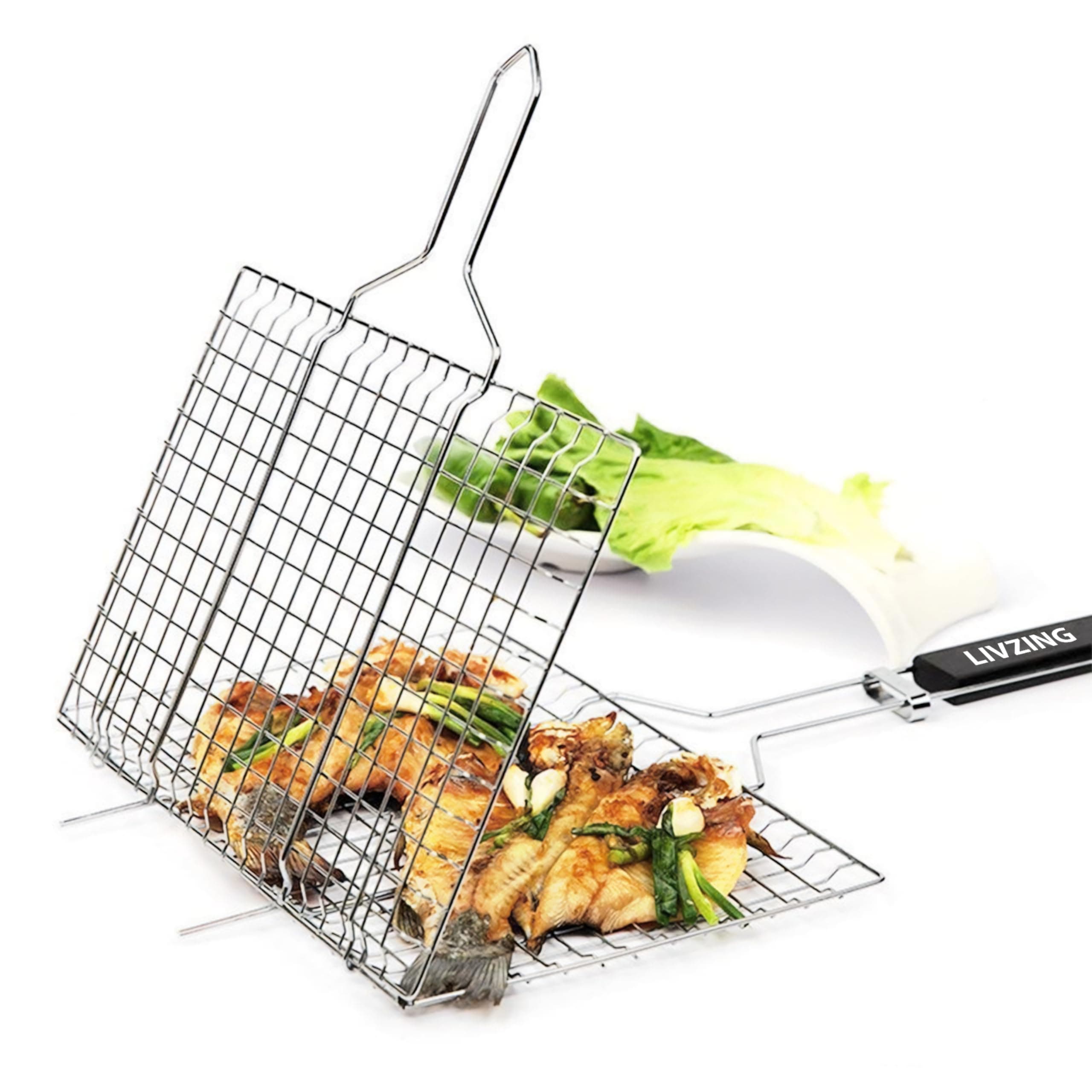 Livzing Portable Barbecue Grill Foldable BBQ Basket Non Stick Iron Grilling Net Basket Roast Grilling-Powder Coated with Wooden Handle-Grilling Fish Steak Seafood-Outdoor Kitchen Tool