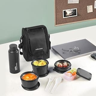 CELLO MF All In One Lunch Box with Bag for Office Use, Black | 225ml, 375ml, 550ml Microwave Safe Containers, 175ml Salad Box, 900ml Bottle with Fork & Spoon, Airtight Leak Proof Tiffin Box for Travel