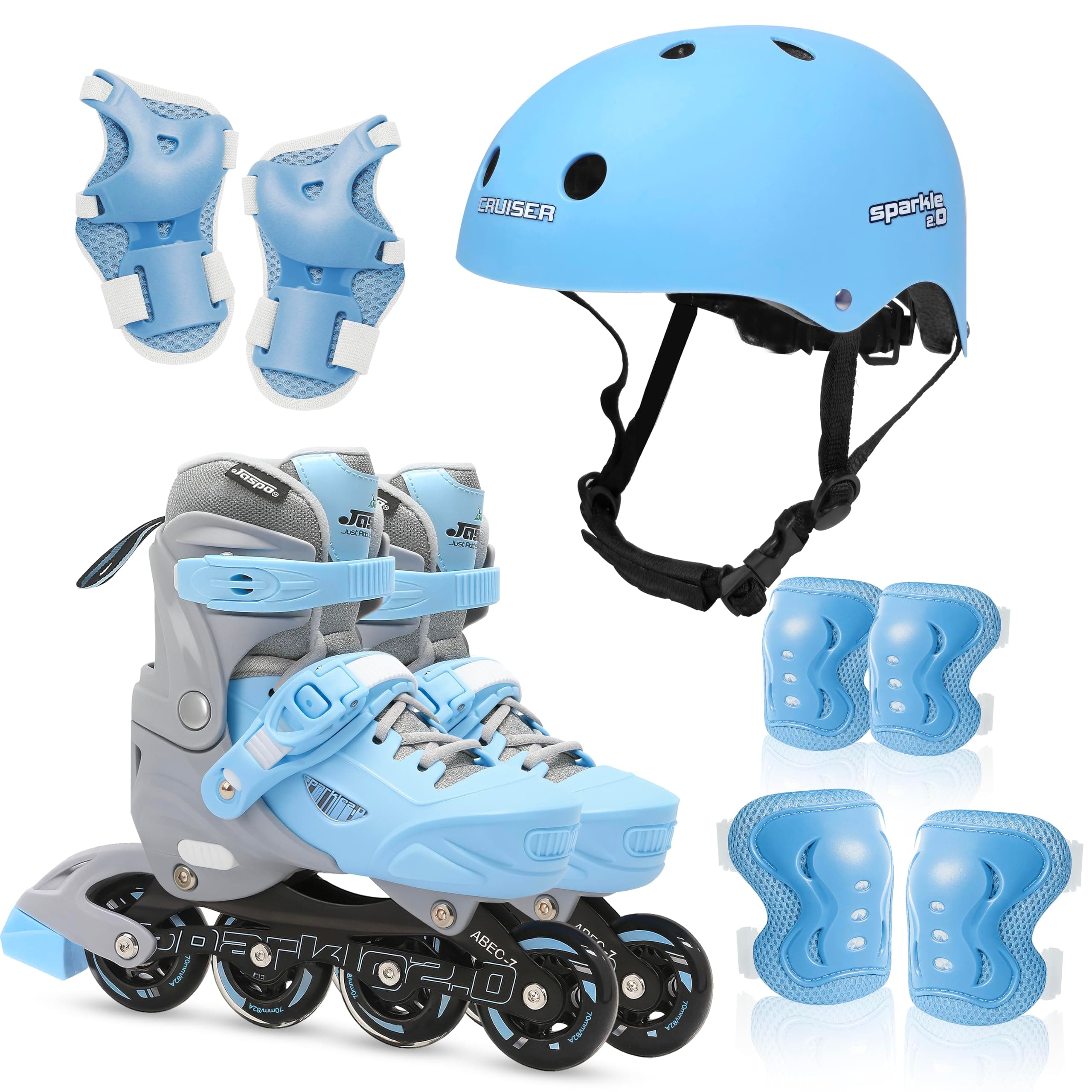 JASPO Sparkle 2.0 Adjustable Inline Skates Combo for Kids & Youth, ABEC-7 Bearings,Hard Boot, Aluminium Frame,70mm PU 82A Wheels Includes Safety Gear Blue/Grey, L (23 to 26 cms)