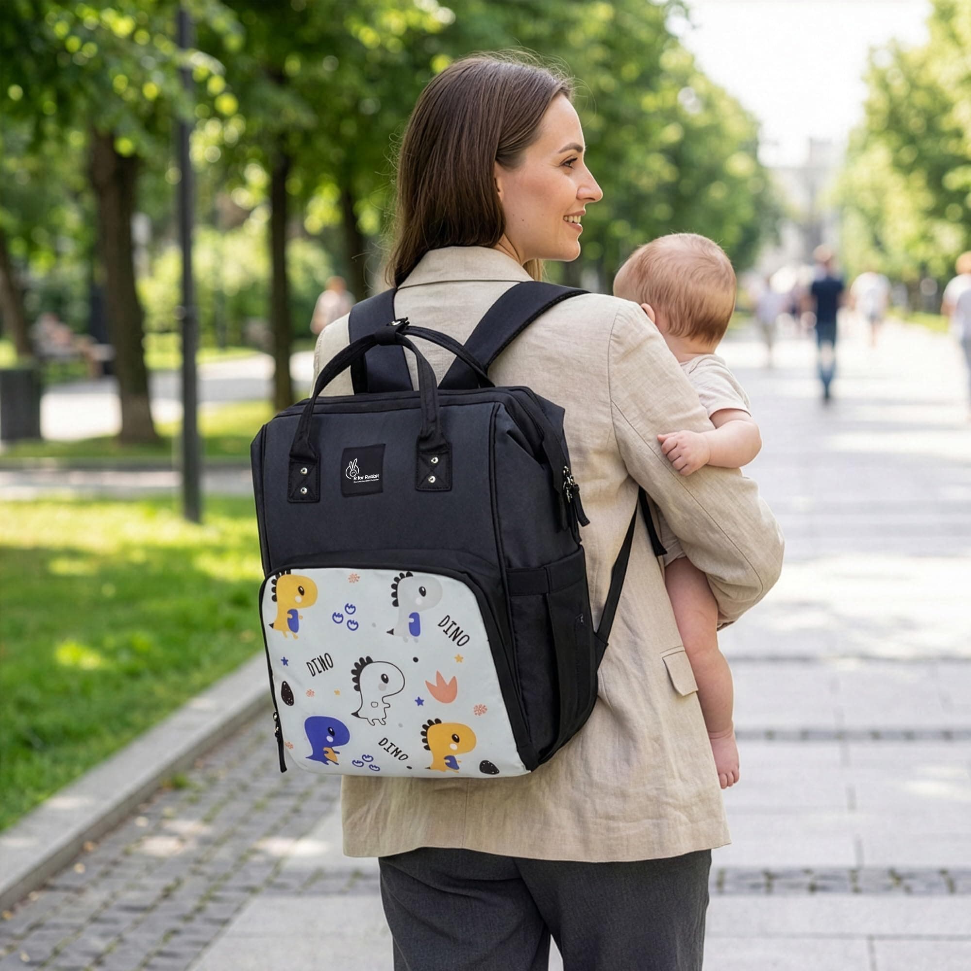 R for Rabbit Caramello Dino Diaper Bag for Mothers Travel Multipurpose Stylish Backpack with 11 Pockets, Water Resistant Large Storage Capacity, 3 Insulated Front Pockets Maternity Bags (Grey)