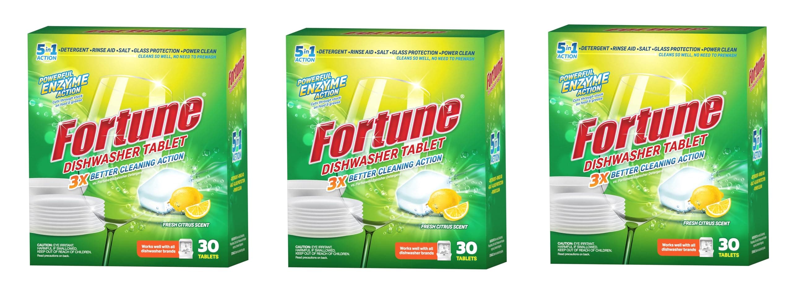 Fortune 5-in-1 Dishwasher Tablet | 90 Tablets | 30 Tablets(Pack of 3) | Enzyme Powered Cleaning for Indian Cooking | Removes Oil, Masala, Tea & Coffee Stains| With Rinse Aid, Salt & Glass Protection