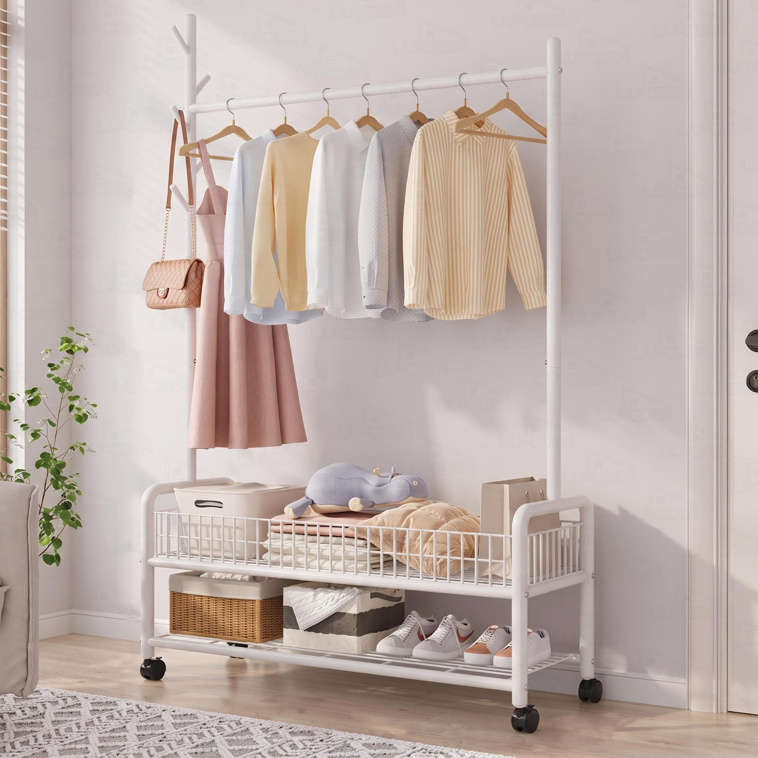 Lukzer | MGR-002 | White | Metal Cloth Stand & Garment Rack with Wheels, 2 Bottom Shelves & Single Rod – Space-Saving Clothes Organizer for Bedroom, Laundry, Entryway & More | 173 x 90 x 34 cm