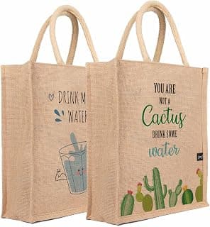 Sangra Eco-Friendly Printed Jute Hand Bag-Reusable Tiffin Shopping Grocery Multipurpose Hand Bag for Men and Women with Zipper (Pack of 2)