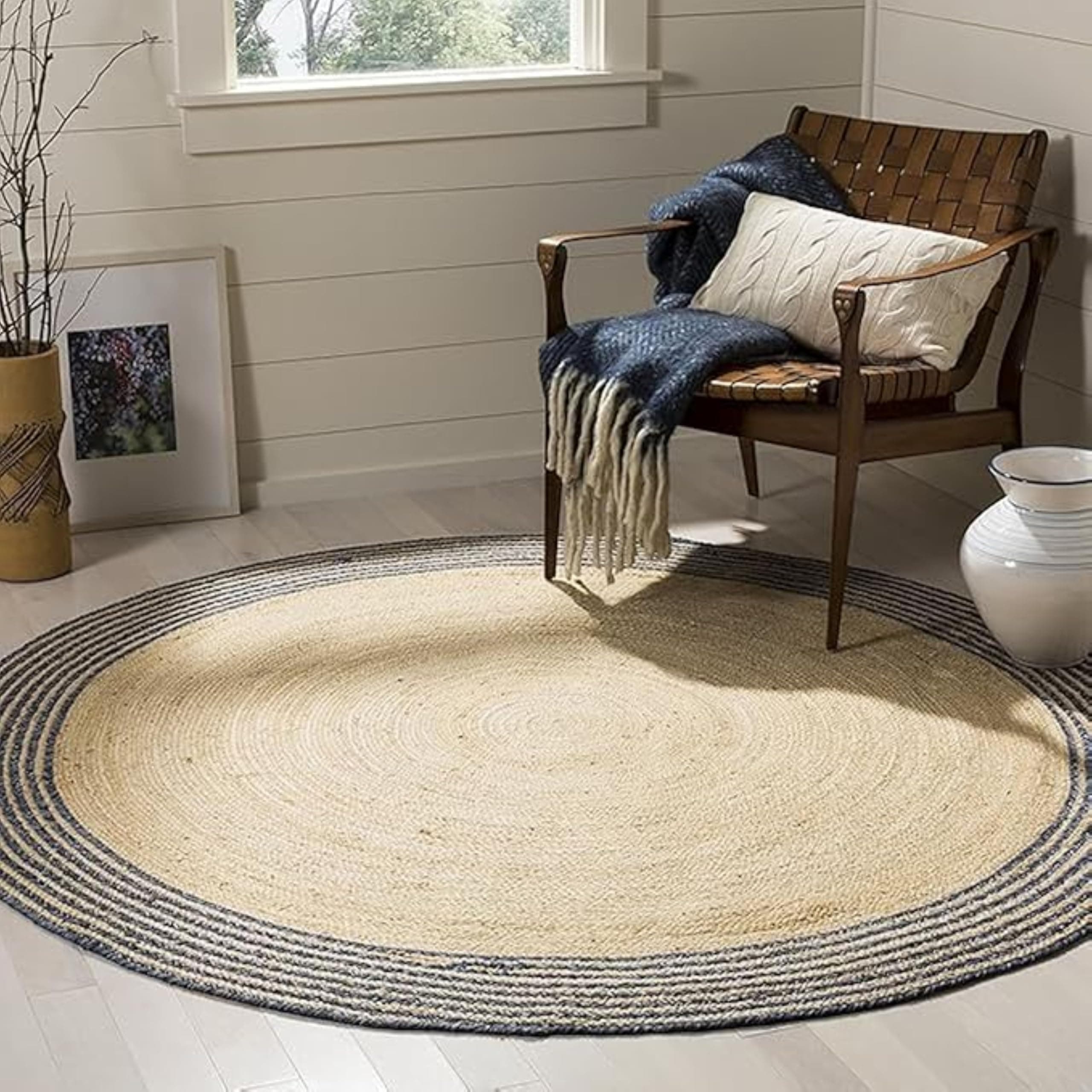 TRENDOZE Jute Carpets Reversible Rug Durable and Washable Long Lasting Yoga Mat for Bedroom Living Room Office Kitchen and Hallway (Border Black, 2x2 feet)