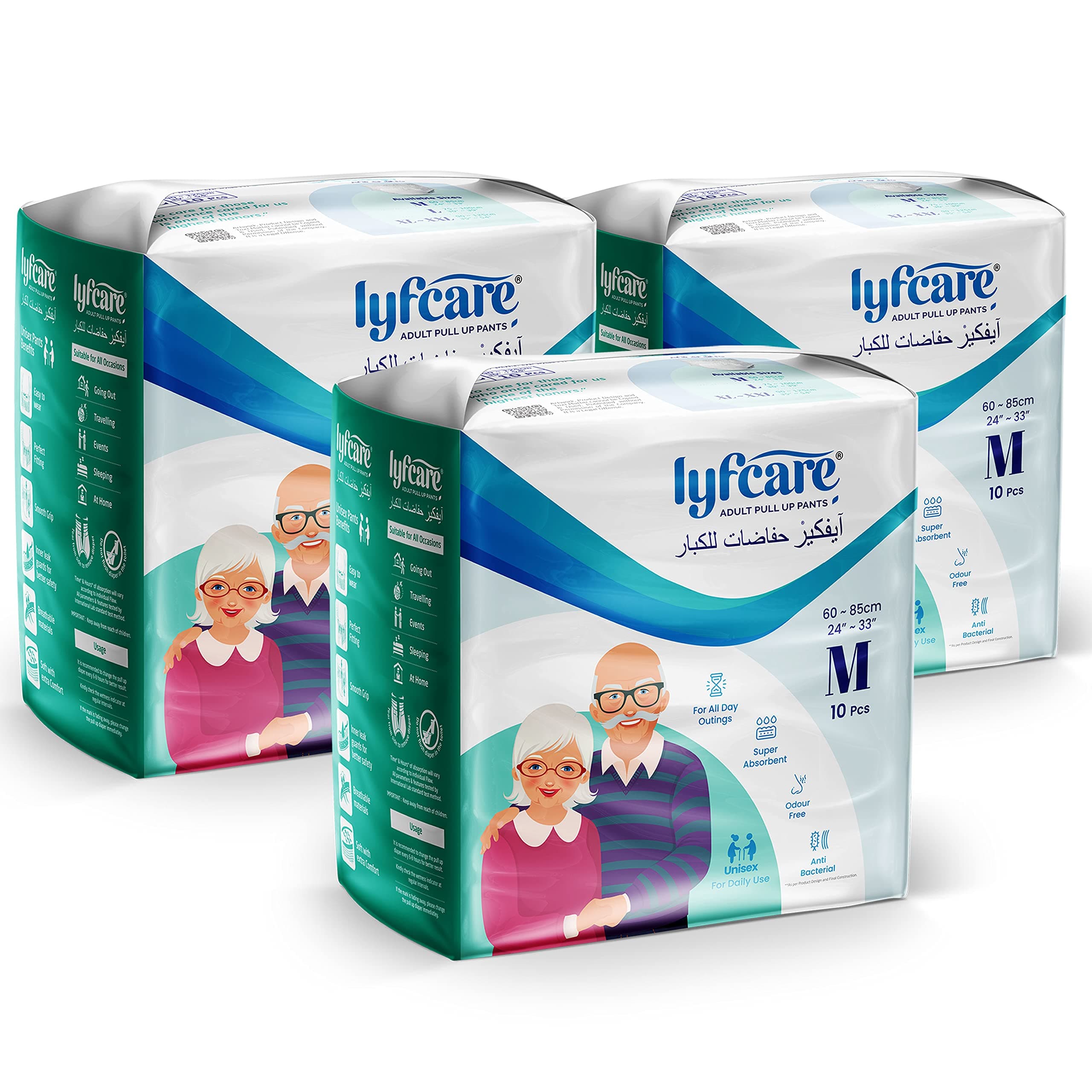Lyfcare Adult Diapers Medium Size (M) - 30 Units (Pack of 3) | Unisex Diapers Pants Style | Waist (60-85 cm) | Wetness Indicator, Super Absorb, 360° Protection & 0% Leakage | For Men & Women
