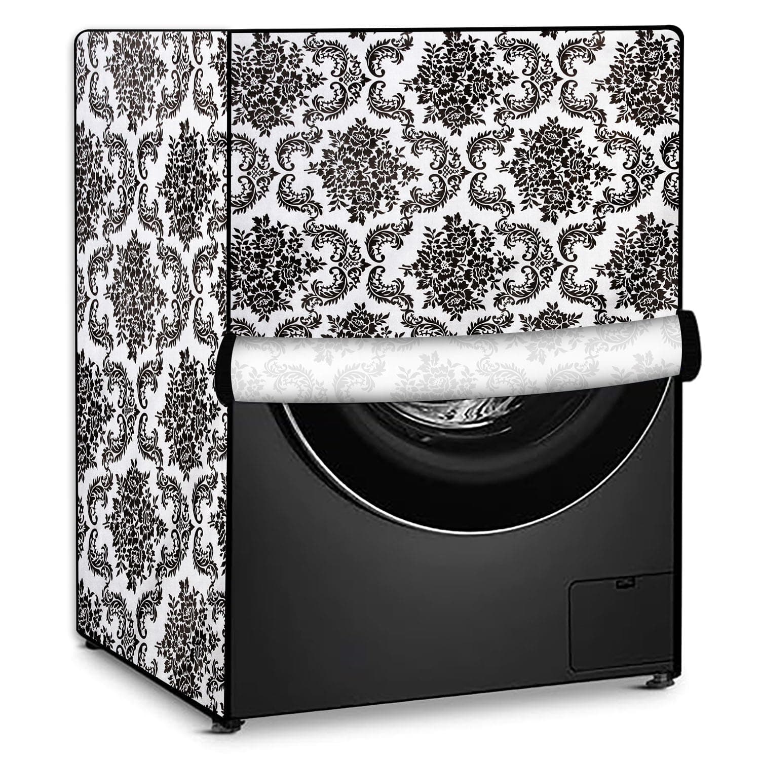 Stylista Washing Machine Cover Compatible for LG 8 Kg Fully-Automatic Front Loading FHV1408ZWP, Floral White & Black
