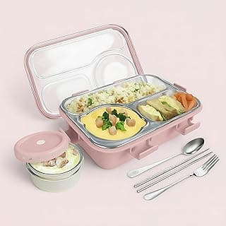 Umadiya® Lunch Box 3 Compartment Out Side-Leak-Proof BPA Free Stainless Steel, Lunch Box for Girls, Lunch Box for School with a Fork, a Spoon and a Pair of Chopsticks 750 ml (Pink)