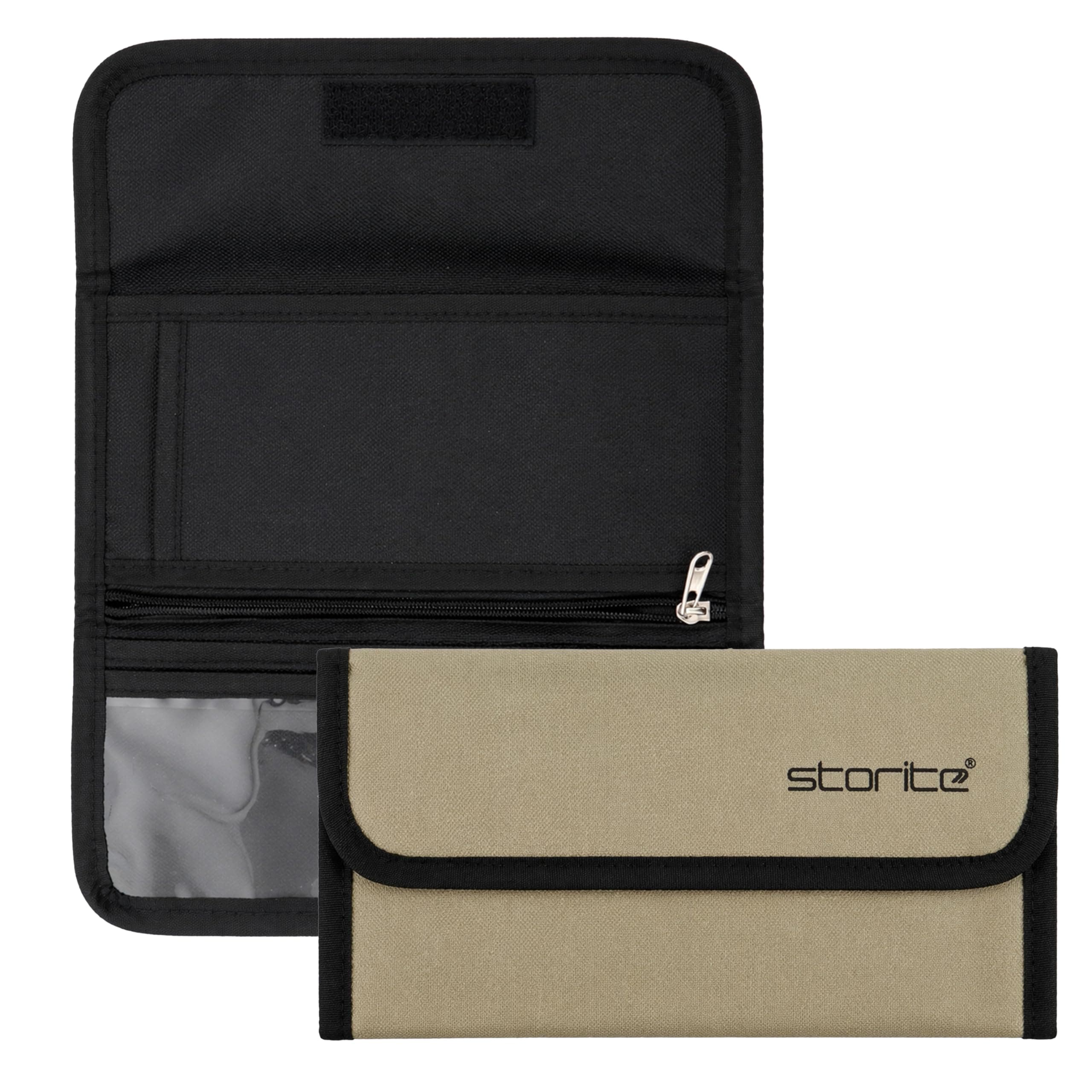Storite Two Wheeler/Car Document Holder, Vehicle Document Storage Wallet for Registration & Insurance Card, Driving Licence, RC Book, PUC- Brown-23.5 x 11 cm (Beige)