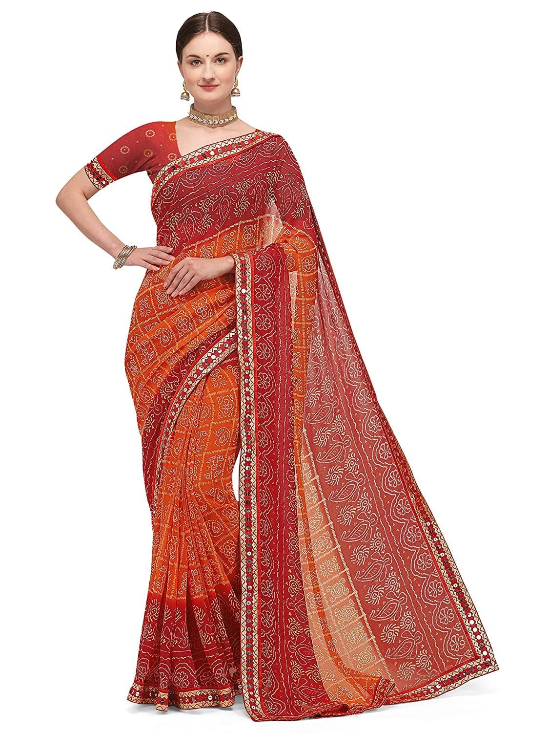 Amazon Brand - Anarva Women's Printed Bandhani Georgette Saree With Lace And Blouse Piece