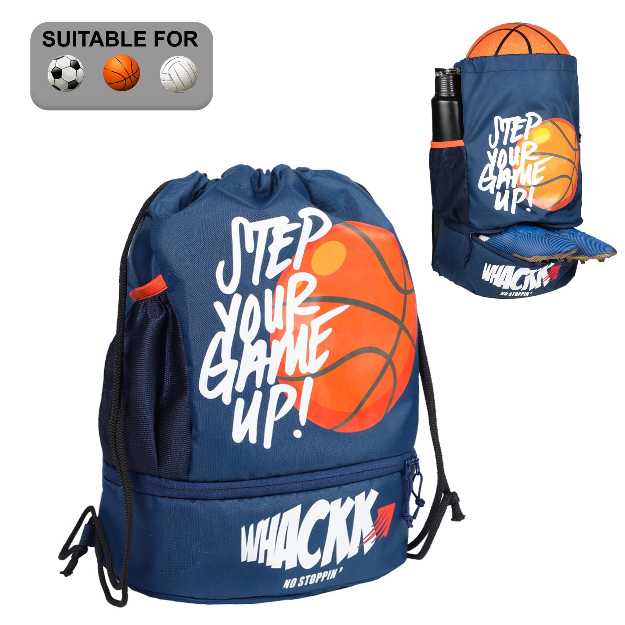 Whackk Blitz Blue Soccer|Football Equipment Bags|Basketball Volleyball Throwball Drawstring Backpack Bags|Shoes Mobile Bottle Holder Pocket|Sports Men Boys Bag|Dori Backpack |Gym Bag|Kitbag Polyester