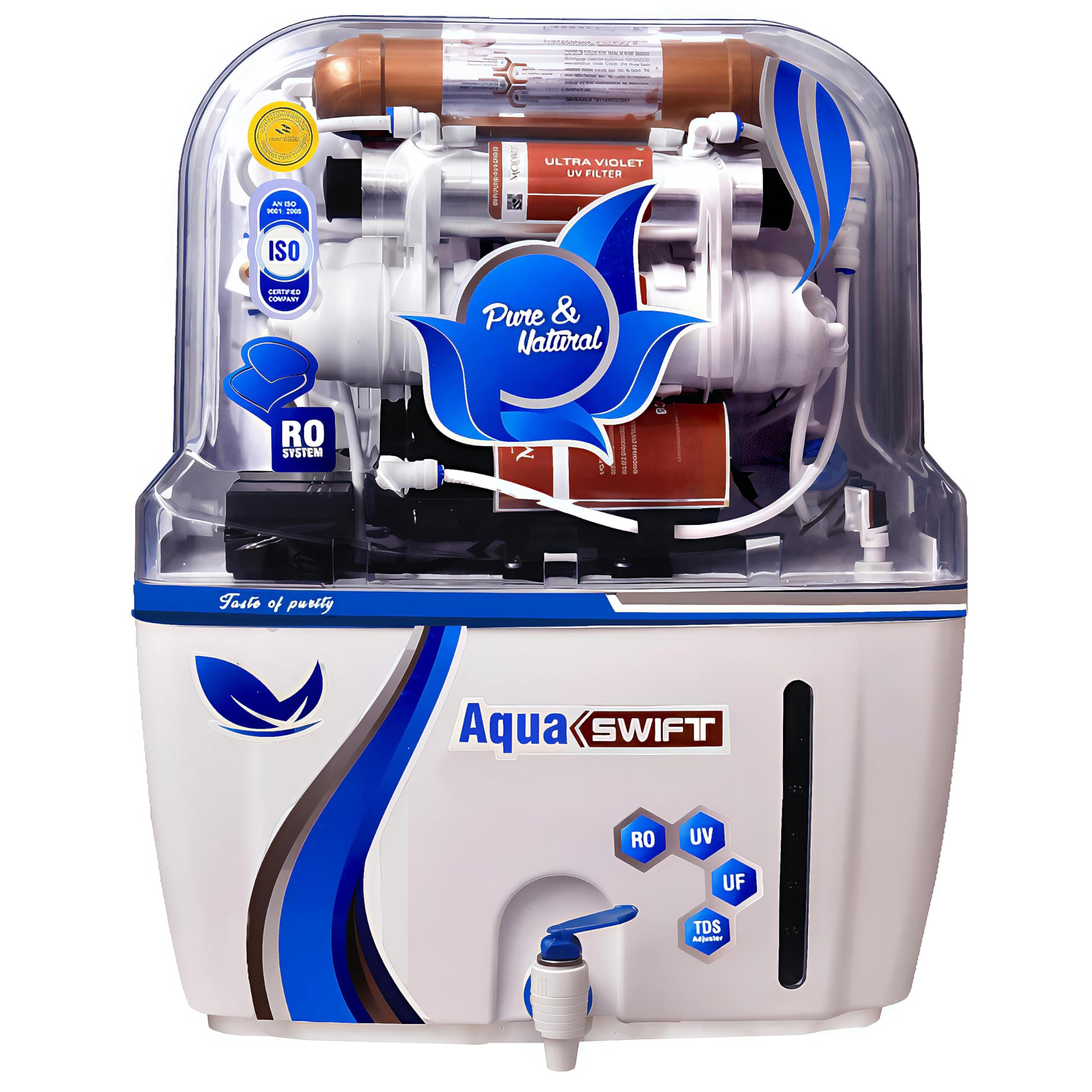 Aqua X Pure Swift RO + UV + UF Water Purifier | Smart TDS Controller | 15 L Storage Tank | Activated Copper & Zinc Boost | Eco-Friendly Water Saving | 1 Year Warranty*.