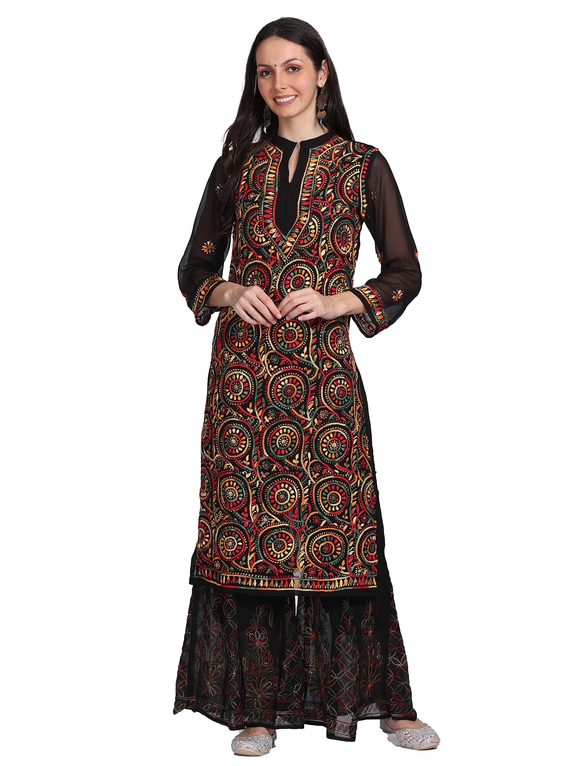 Fashion Chikan Art Women's Chiffon Chikankari Straight Kurti Paired with Sharara & Stole with Matching Slip