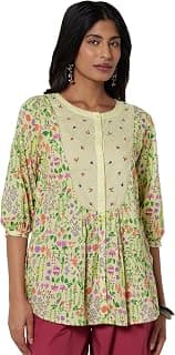 W for Woman Women's Rayon Blend Floral Printed Regular Fit Top with Thread Embroidery