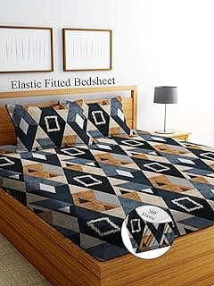 DECORUM Glace Cotton Fitted 1 Bedsheet King Size (72"x78") | All Around Elastic | Cotton Feel | 2 Pillow Covers (17"x27") | Fits Up to 8" Mattress | 200-220 TC | Printed Double Bed Sheet Set