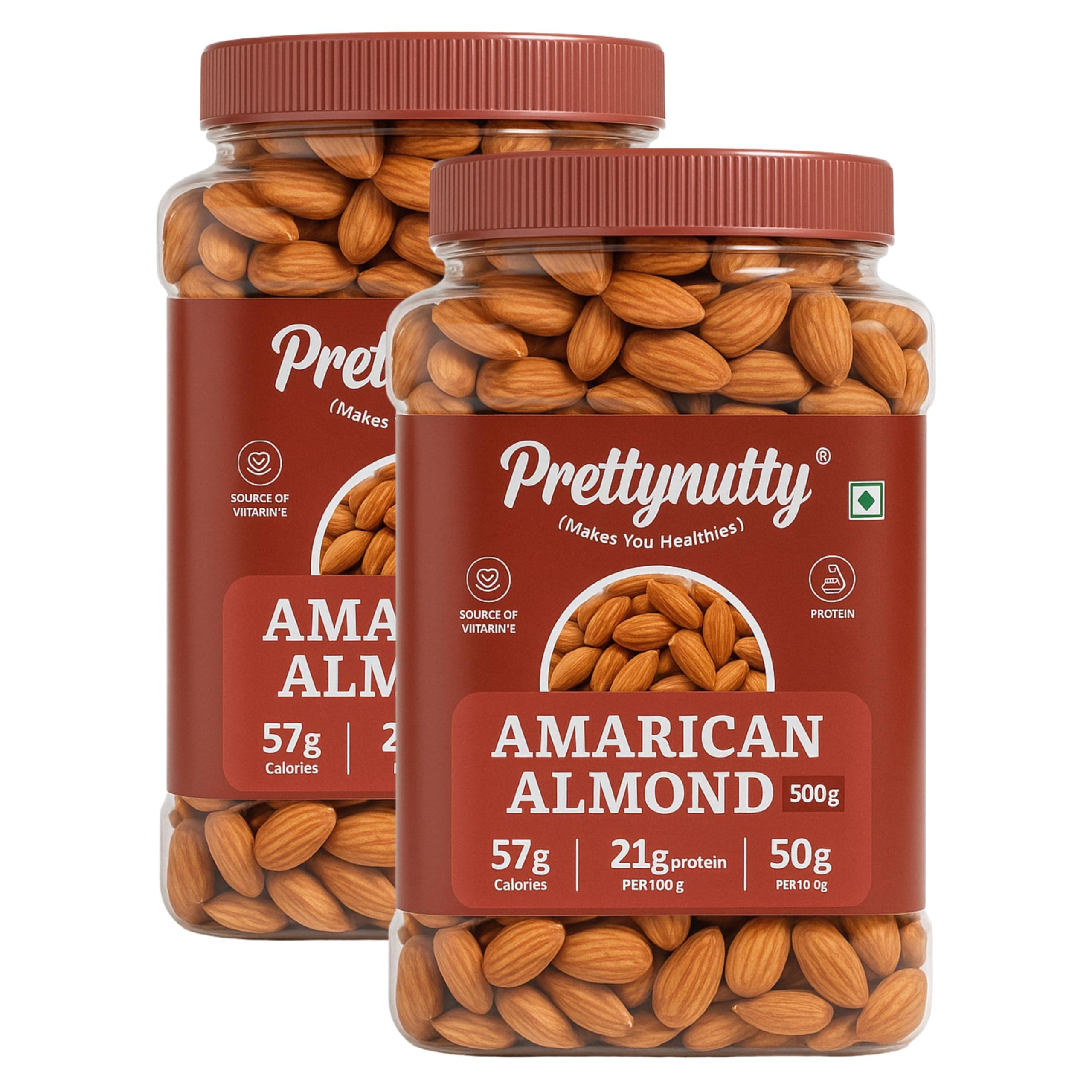 PrettyNutty American Almonds 1kg – Premium Handpicked, High-Protein Healthy Nut Snack (500g [Pack of 2])
