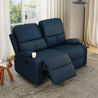 Nilkamal Matt 2 Seater Fabric Manual Recliner with Cup Holder | 1 Year Warranty | Self Assembly | Blue