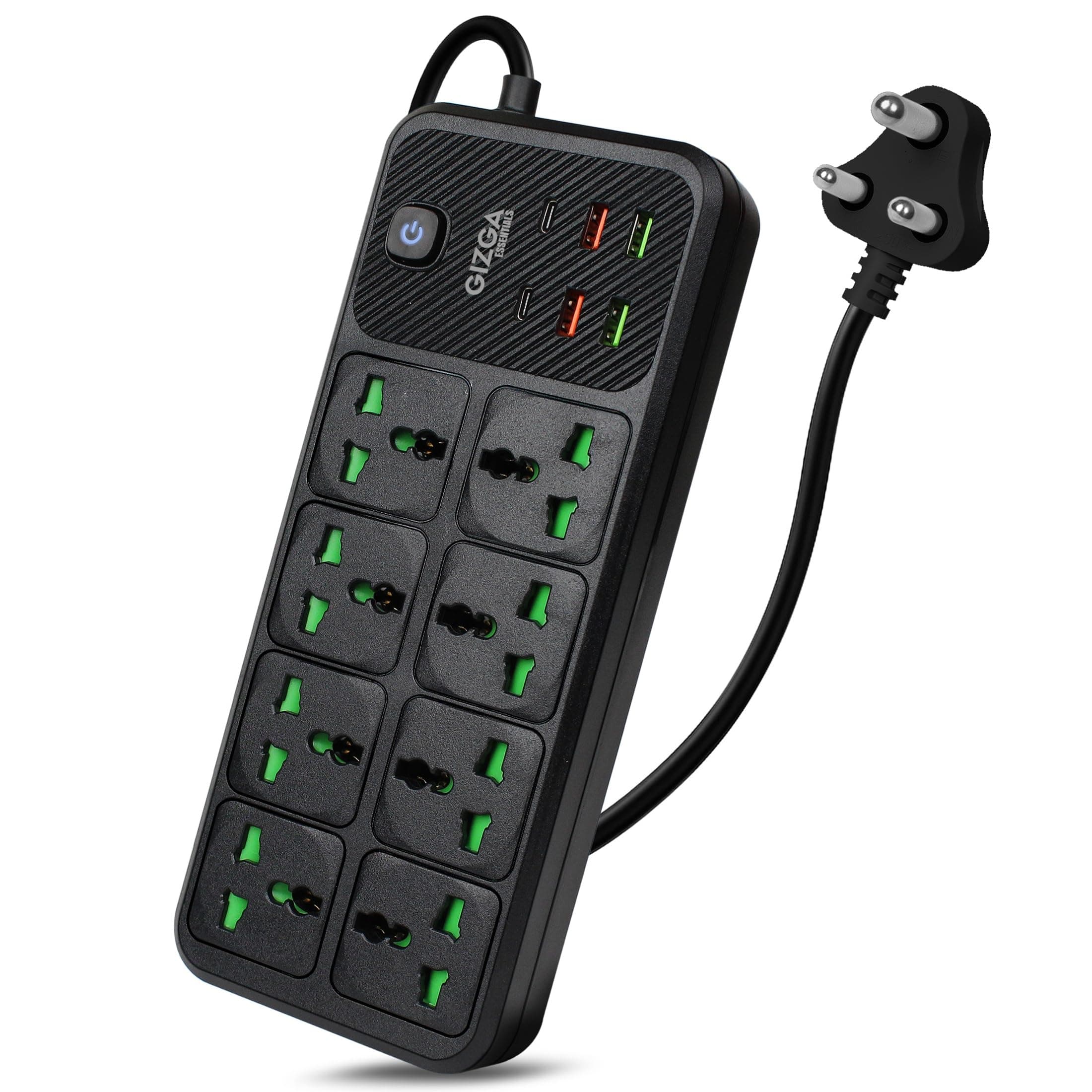 Gizga Essentials 2500W Desktop Power Strip with Child Safety, 8 Universal Outlets & 6 USB Ports, Black Heavy-Duty Extension Board with Surge Protection