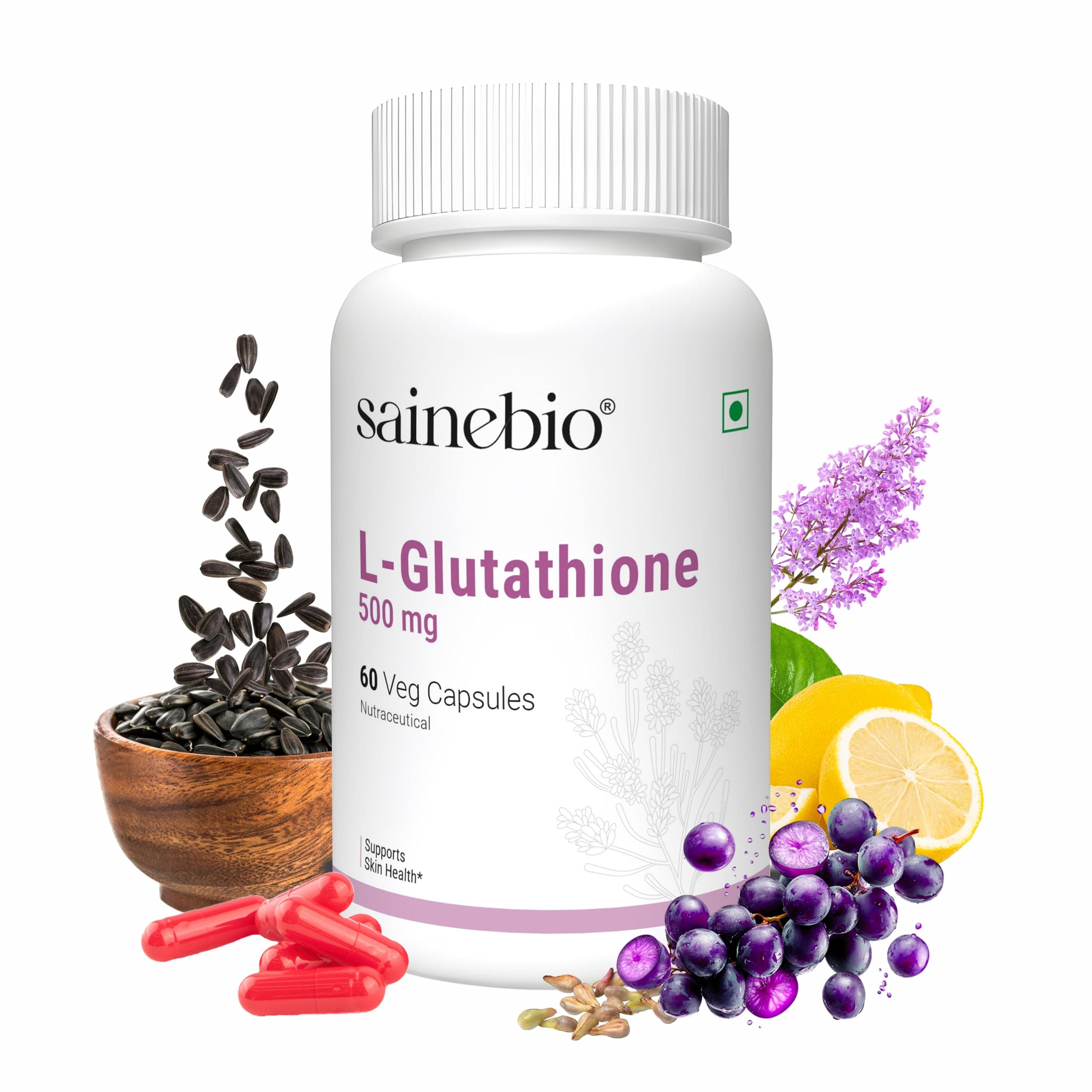 Sainebio L-Glutathione 500 mg – Antioxidant Complex with Vitamin C, E, Alpha Lipoic Acid, Grape Seed Extract & Hyaluronic Acid – Balanced Daily Supplement – 60 Capsules