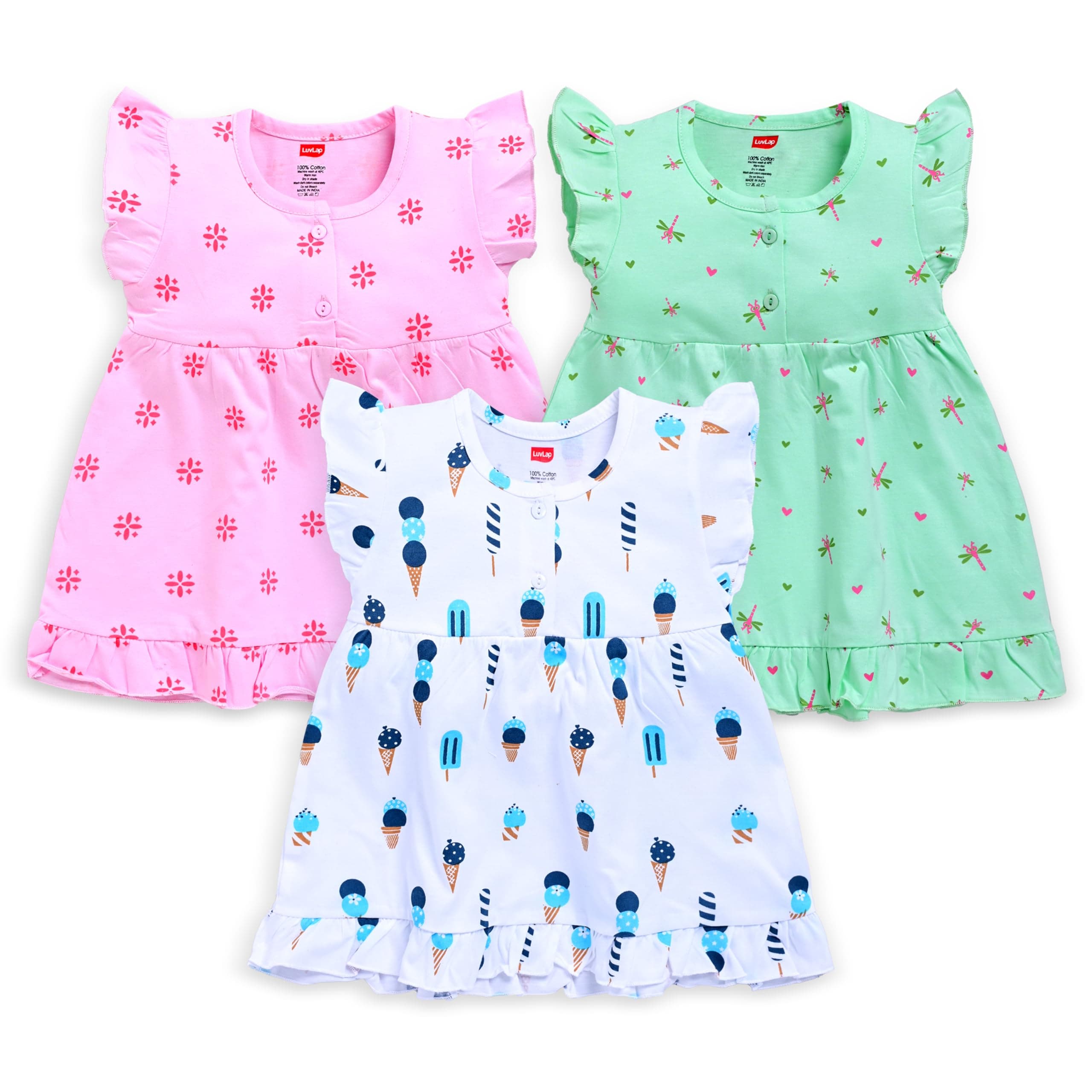 LuvLap Baby Girl 100% Cotton Sleevless Girls Frock Pack of 3