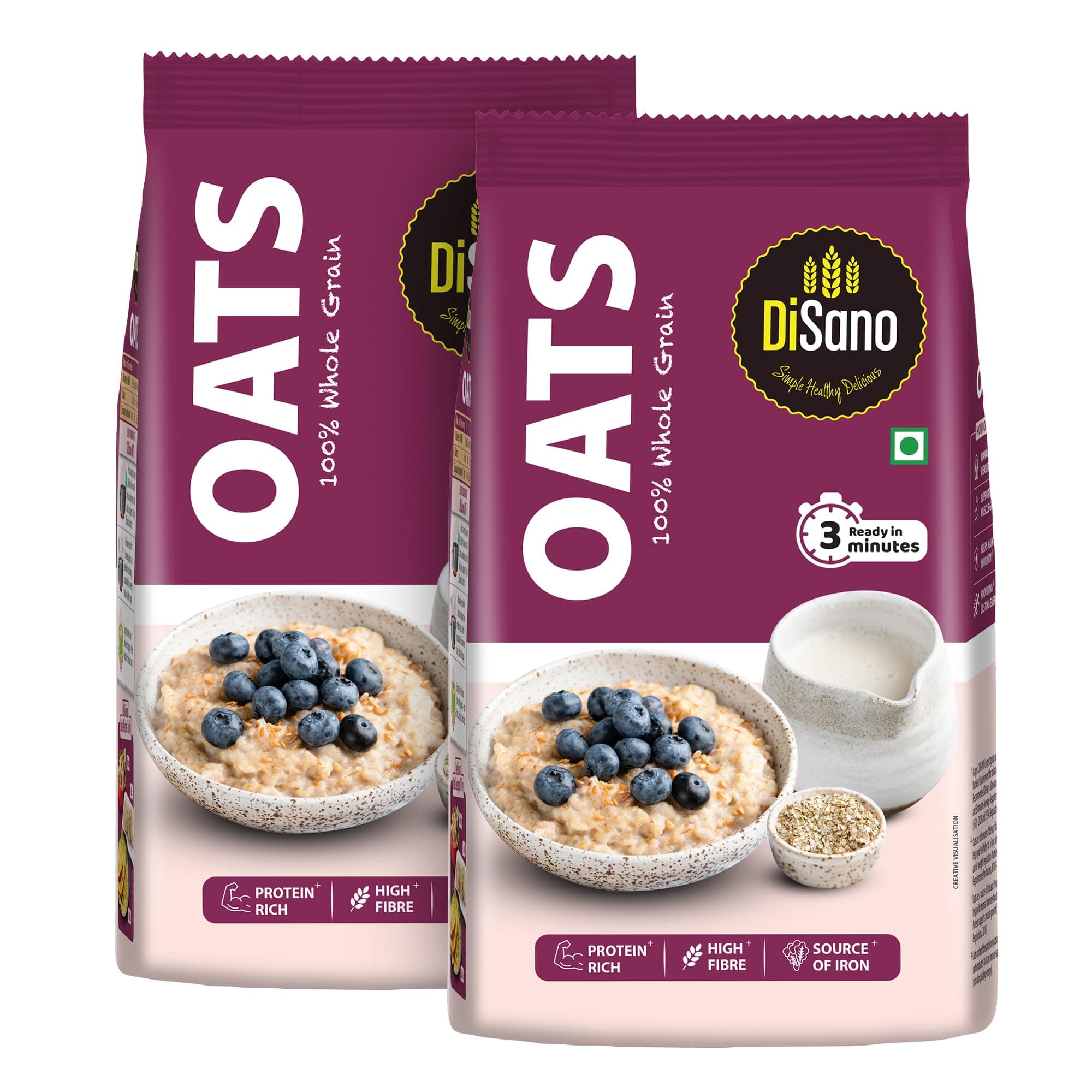DiSano Oats 1kg (Pack of 2), Instant Oats, Wholegrain, High Fibre, Source of Protein