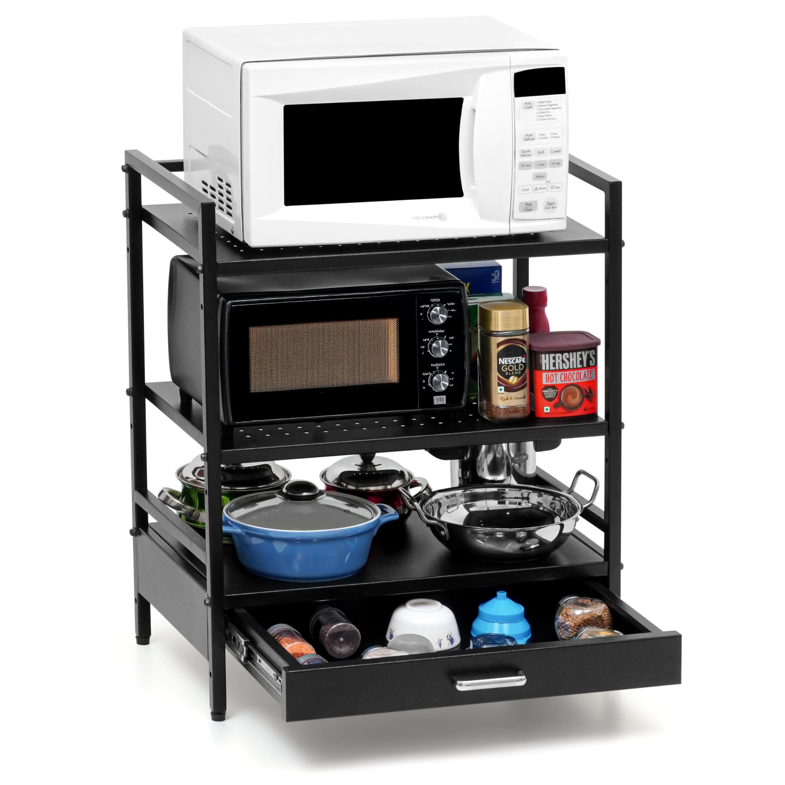 Livzing 3-Layer Metal Dish Rack - Height Adjustable Tabletop/Floor Standing Microwave Stand with Sliding Storage - OTG Stand,Kitchen Tiered Shelf for Microwave Oven Storage