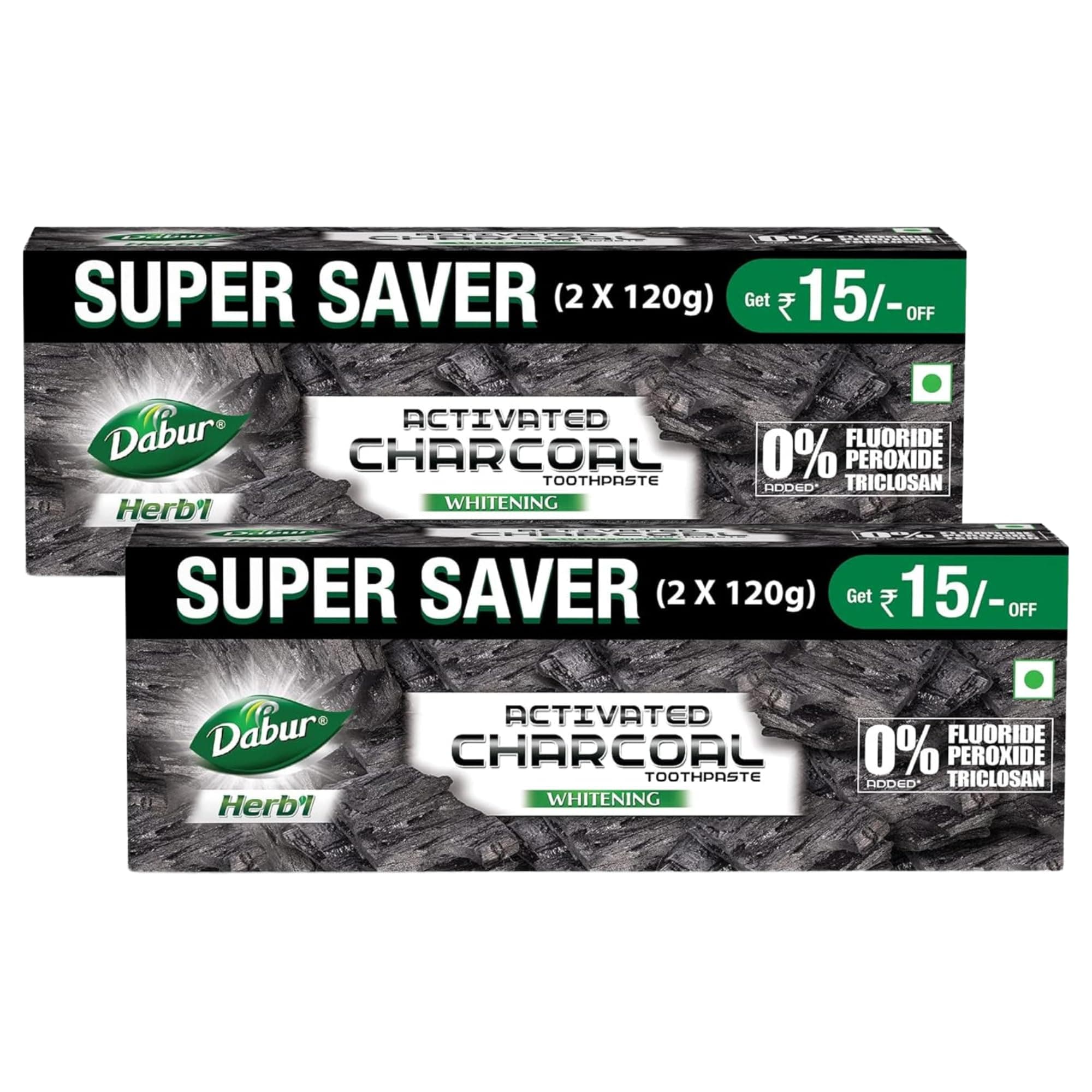 DABUR Herb'L Activated Charcoal Toothpaste 480G (120G x4, Pack of 4) | Whitening Black Gel Toothpaste | Fluoride Free | Fights Plaque & Extrinsic Stains | With Power of Mint | Cool & Refreshing Mouth Experience