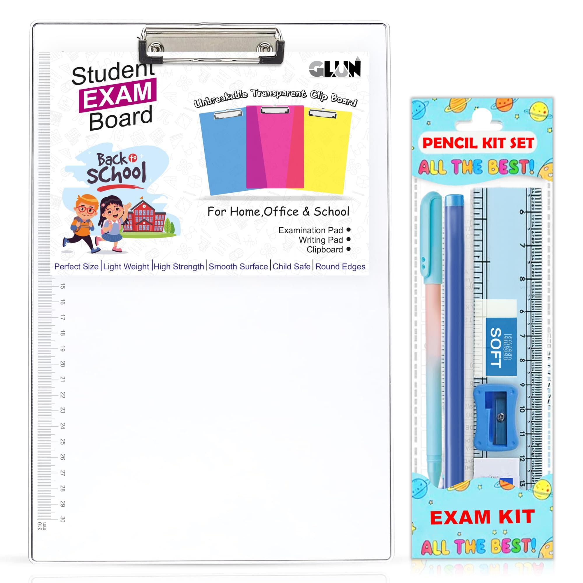 GLUN® Foggy Transparent Acrylic Exam Board with Ruler Marks, Exam Pad Clipboard, 14 x 10 Inches, Writing Board for Exams, School & Office Use