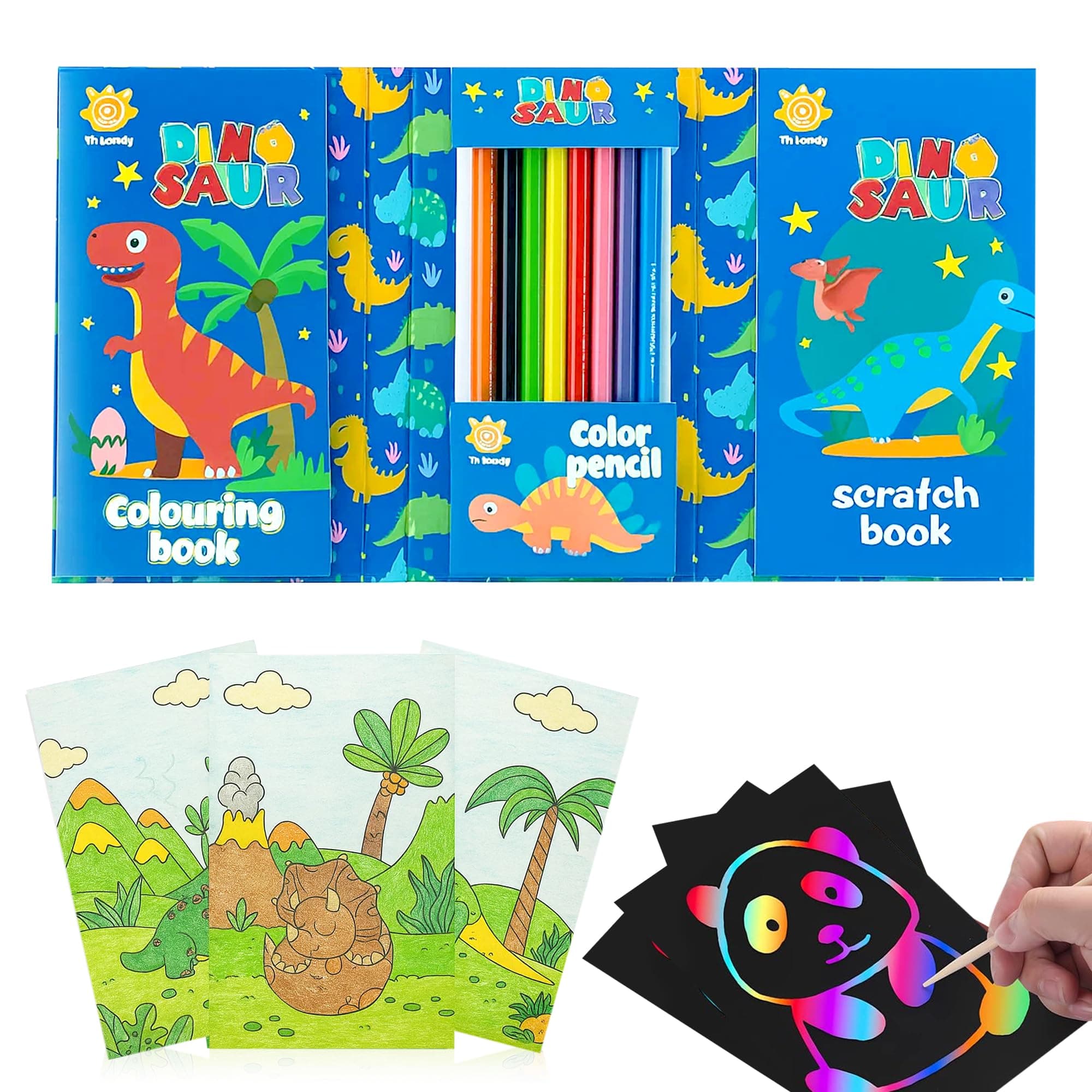 GLUN® Dinosaur Theme Colouring & Scratch Book with Colour Pencils & Scratch Stick, Art and Craft Drawing Colour Book Set 3+ Years Old Boys, Girls Toddlers, Return Gift for Kids