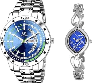 ADAMO Stainless Steel Couple Combo Blue Dial Day & Date Men's & Women's Analog Watch 837SSM05-2455SM05