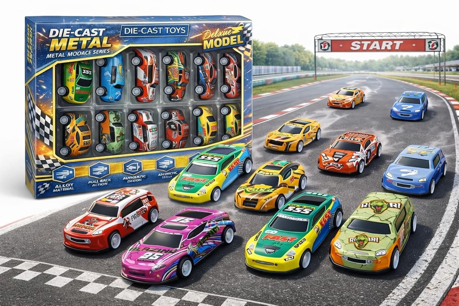 Sky Tech® Set of 10 Mini Pull Back Racing Metal Die Cast Car Set | Pullback Mechanism | Durable Body | Mini Sports Car Set for Boys & Girls (Multi Color & Design)