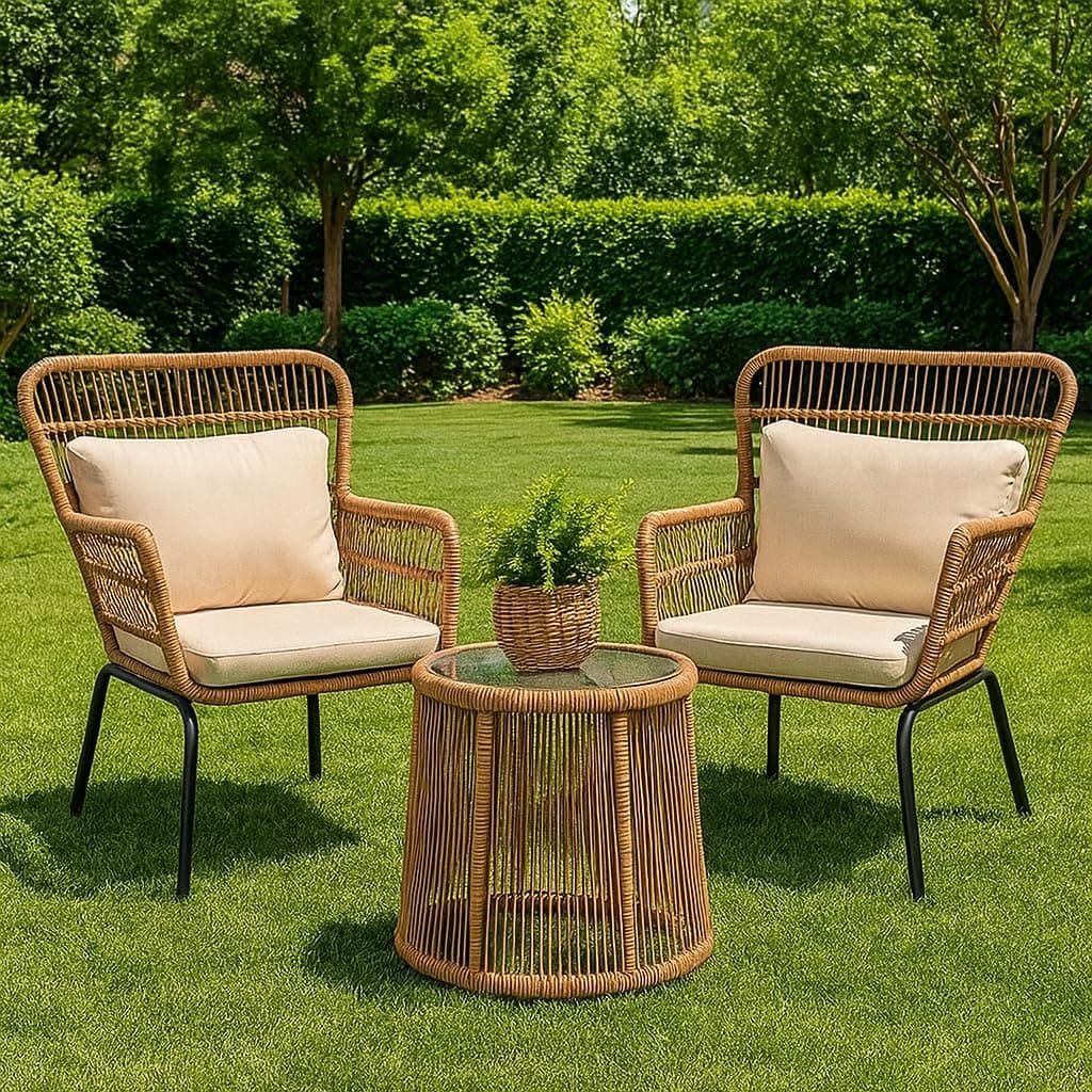 LOCCUS 3-Piece Patio Bistro Set – Outdoor Woven Rope Balcony Furniture with Glass Top Table & Cushioned Chairs for Backyard, Balcony, Porch & Lawn (Beige & White) Comfortable Outdoor Seating Suitable