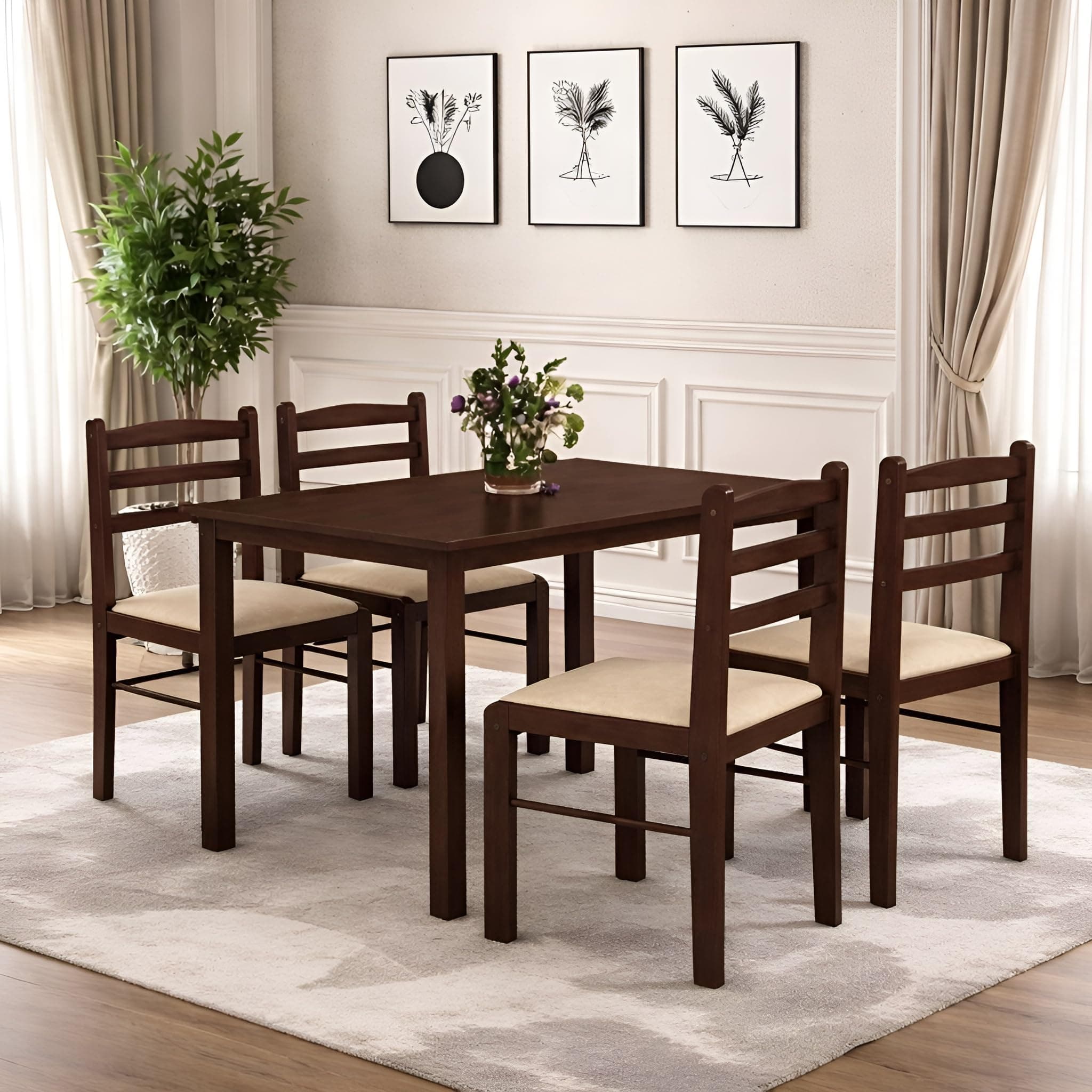 Furniva Muar Malaysian Wooden 4 Seater Dining Table Set with Chairs | Solid Wood Legs | Solid Wood Chairs | Mindy Veneer Table Top | White Fabric Cushioned Chairs - 1 Year Warranty | DIY Assembly
