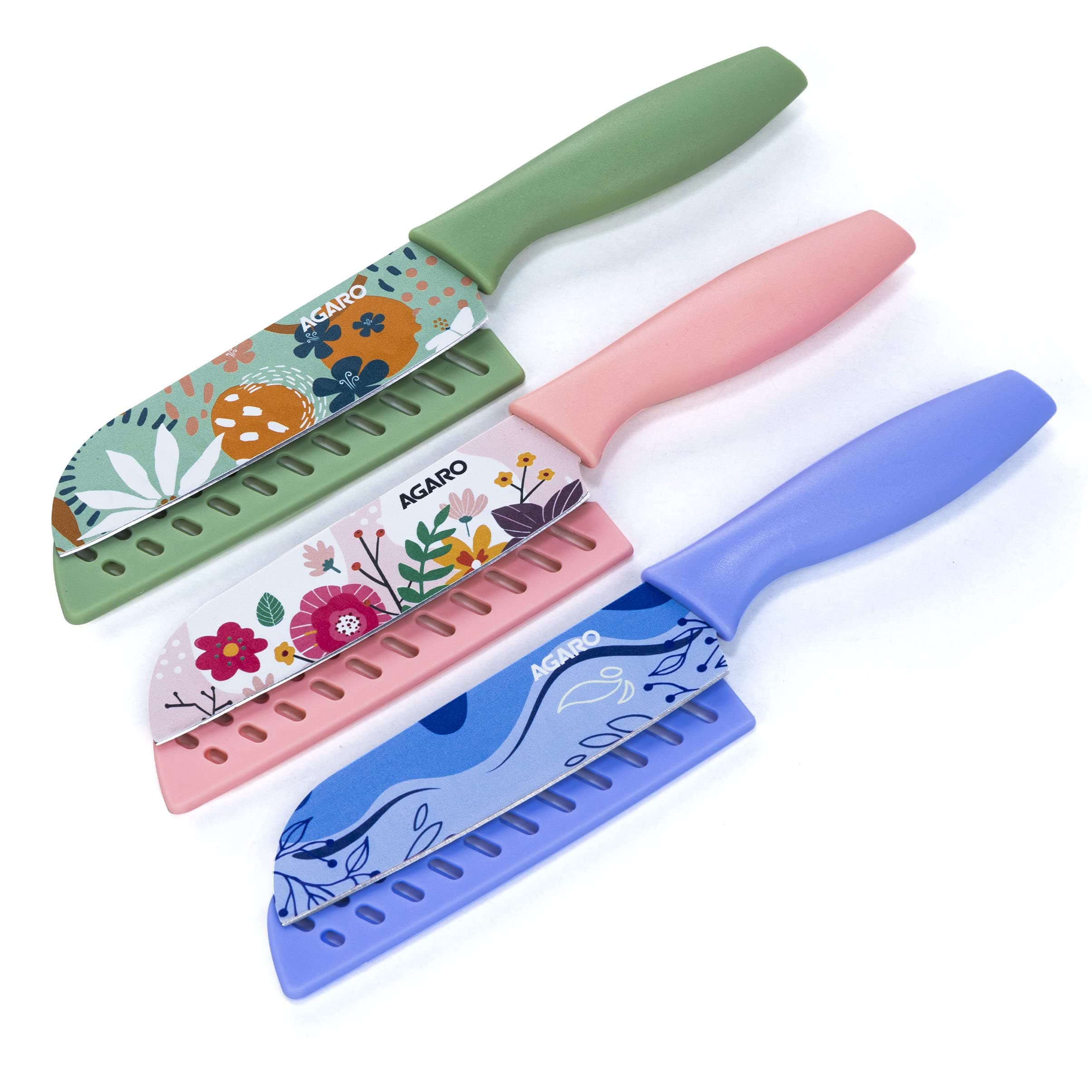 AGARO Knife Set, Printed Knife Set, Stainless Steel Knife for Kitchen Use, Home Use, Santoku Knife, Non-Slip Handle, Plastic Cover, Cutting, Slicing, Chopping, Set of 3 (Blue, Green, Pink)